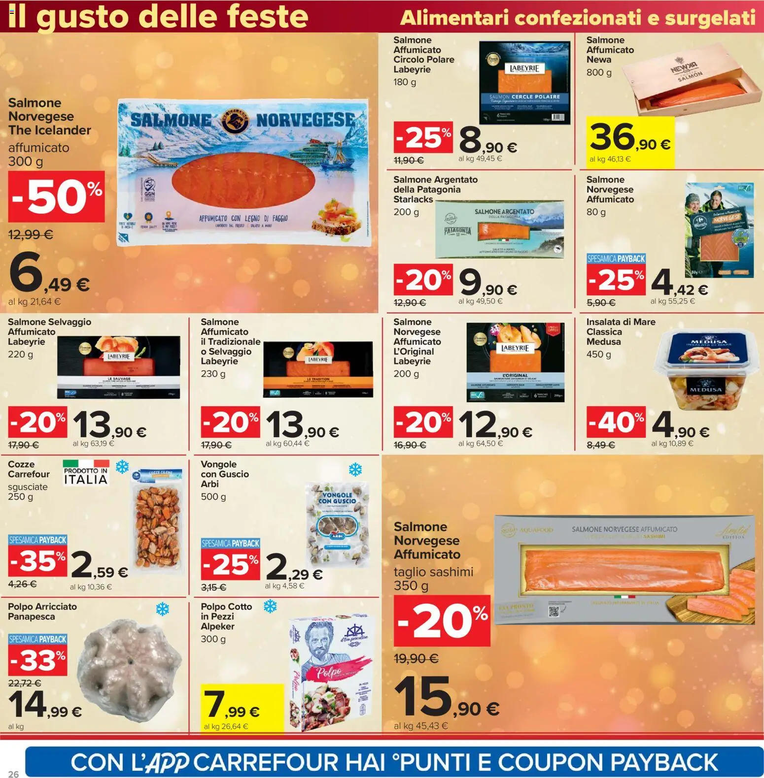 Volantino Carrefour del 16.12.2025 | Pagina: 26 | Prodotti: Salmone, Cozze, Vongole, Insalata