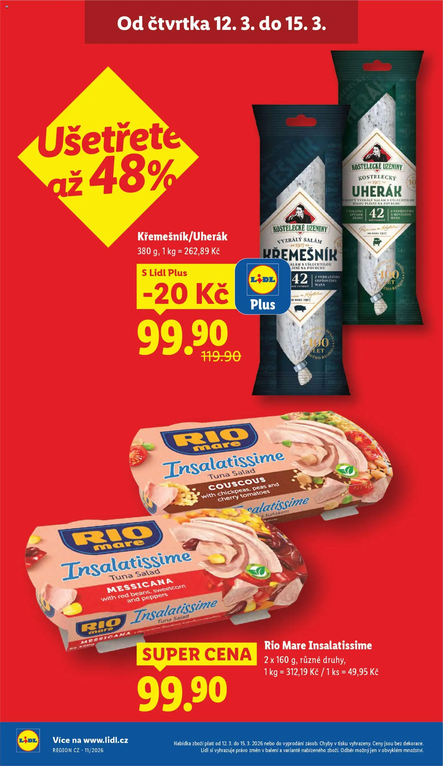 Lidl leták od 12.03.2026 | Strana: 4 | Produkty: Uherák, Salám, Rio mare, Uzeniny