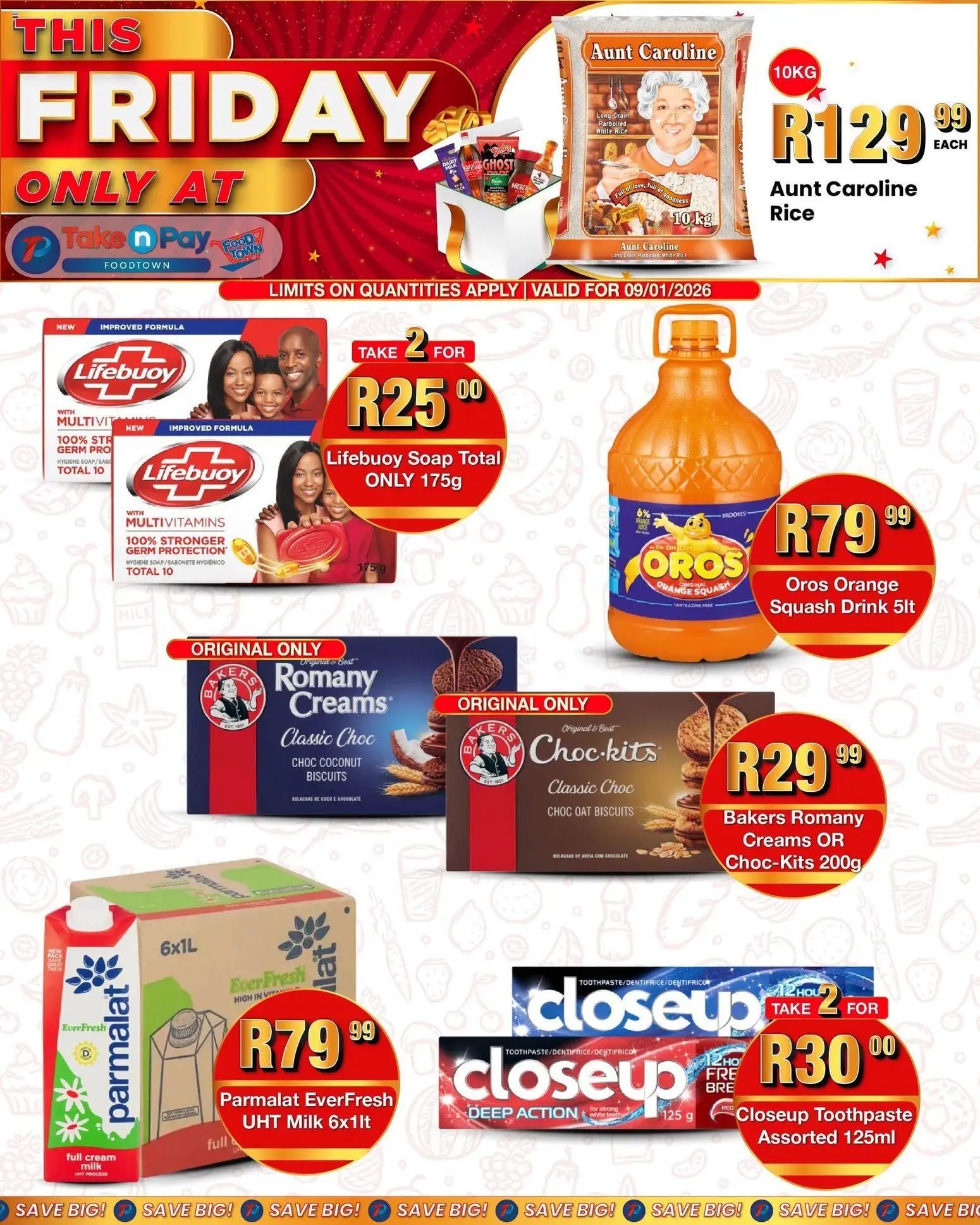 New Take n Pay catalogue – valid from 09.01.2026 | Page: 2 | Products: Squash, Biscuits, Rice, Cream