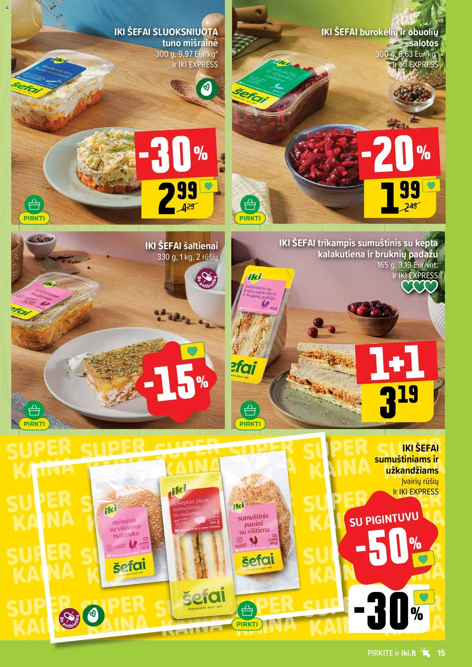 IKI akcijos nuo 13.04.2026 | Puslapis: 15 | Prekių: Salotos, Vištienos, Sumuštinis, Vištiena