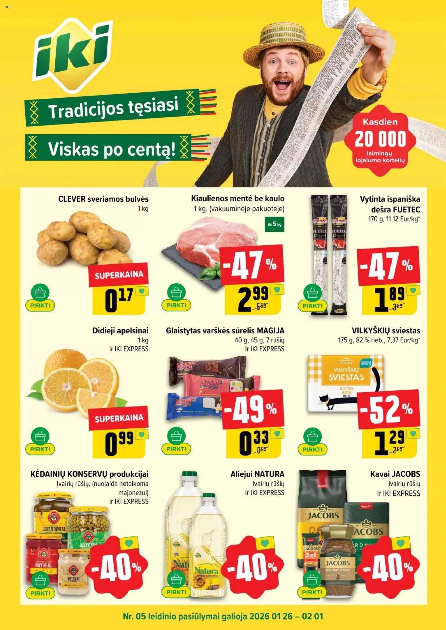 IKI akcijos nuo 26.01.2026 | Puslapis: 1 | Prekių: Kiaulienos, Bulvės, Dešra, Apelsinai