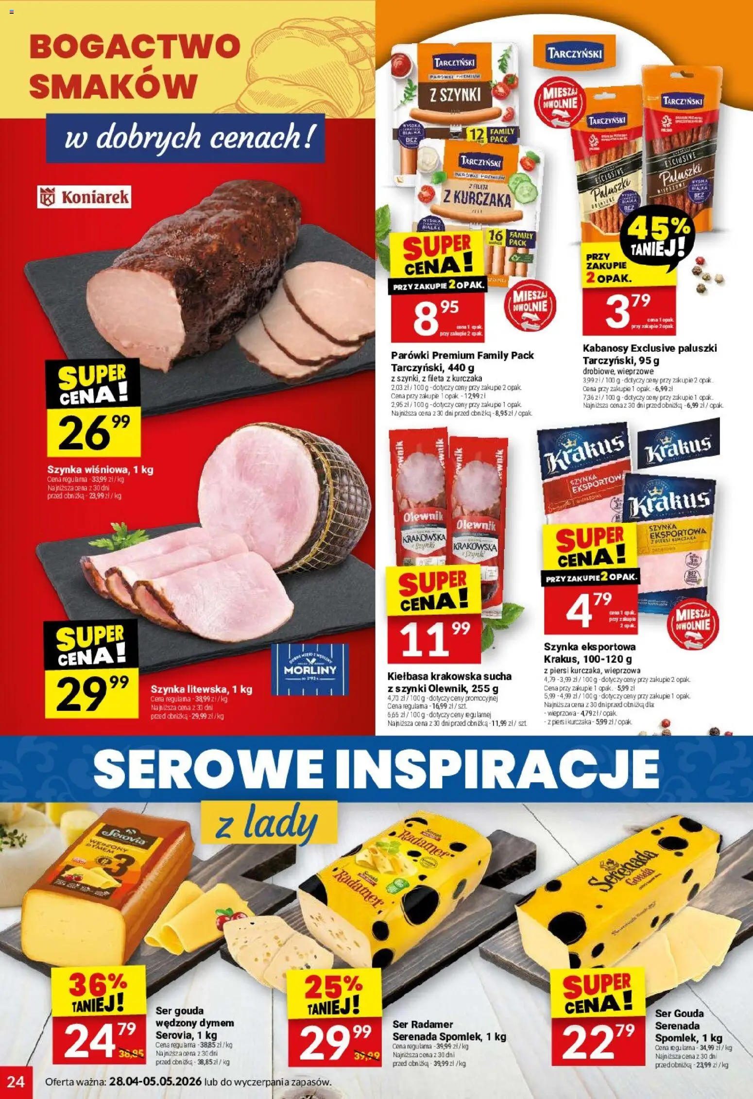 Twój Market gazetka od 28.04.2026 | Strona: 24 | Produkty: Kiełbasa, Kabanosy, Kiełbasa krakowska, Ser gouda