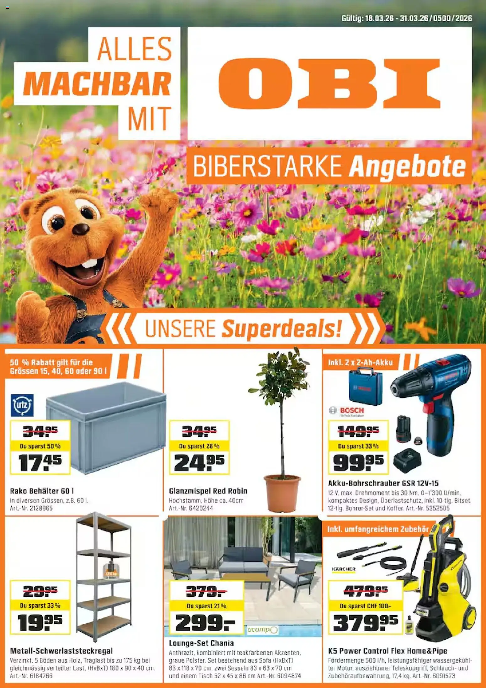 OBI aktionen – gültig ab 18.03.2026 | Seite: 1 | Produkte: Tisch, Sofa, Bosch