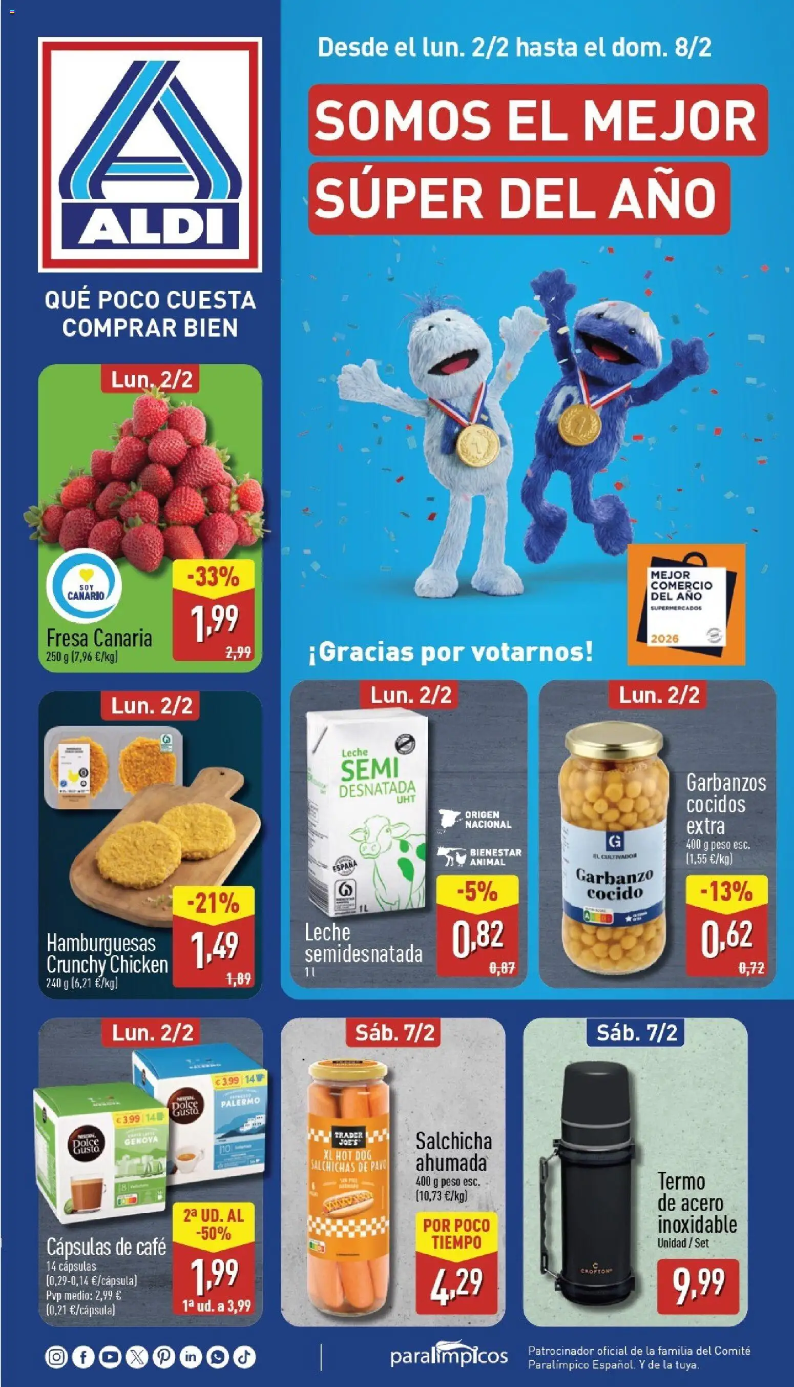 Aldi folleto Canarias │ válido desde el 02.02.2026 | Página: 1 | Productos: Leche, Café, Peso