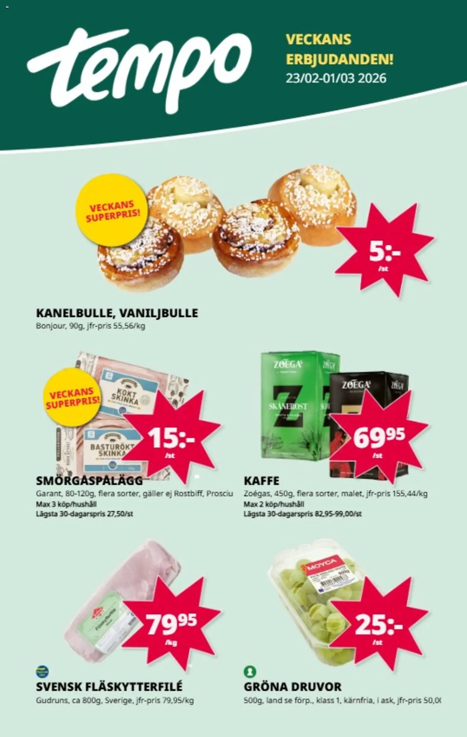 Tempo reklamblad aktuell från 23.02.2026 | Sida: 1 | Produkter: Galler, Smörgåspålägg, Kaffe, Skinka