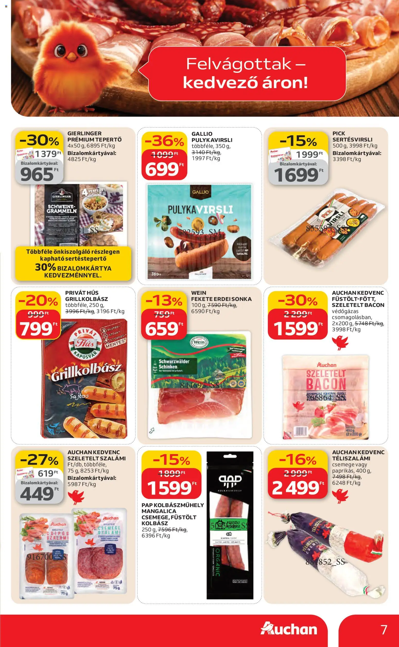 Auchan akciós ujság - amely érvényes a következő dátumtól: 19.03.2026 | Oldal: 7 | Termékek: Kolbász, Pick, Szeletelt bacon, Szalámi