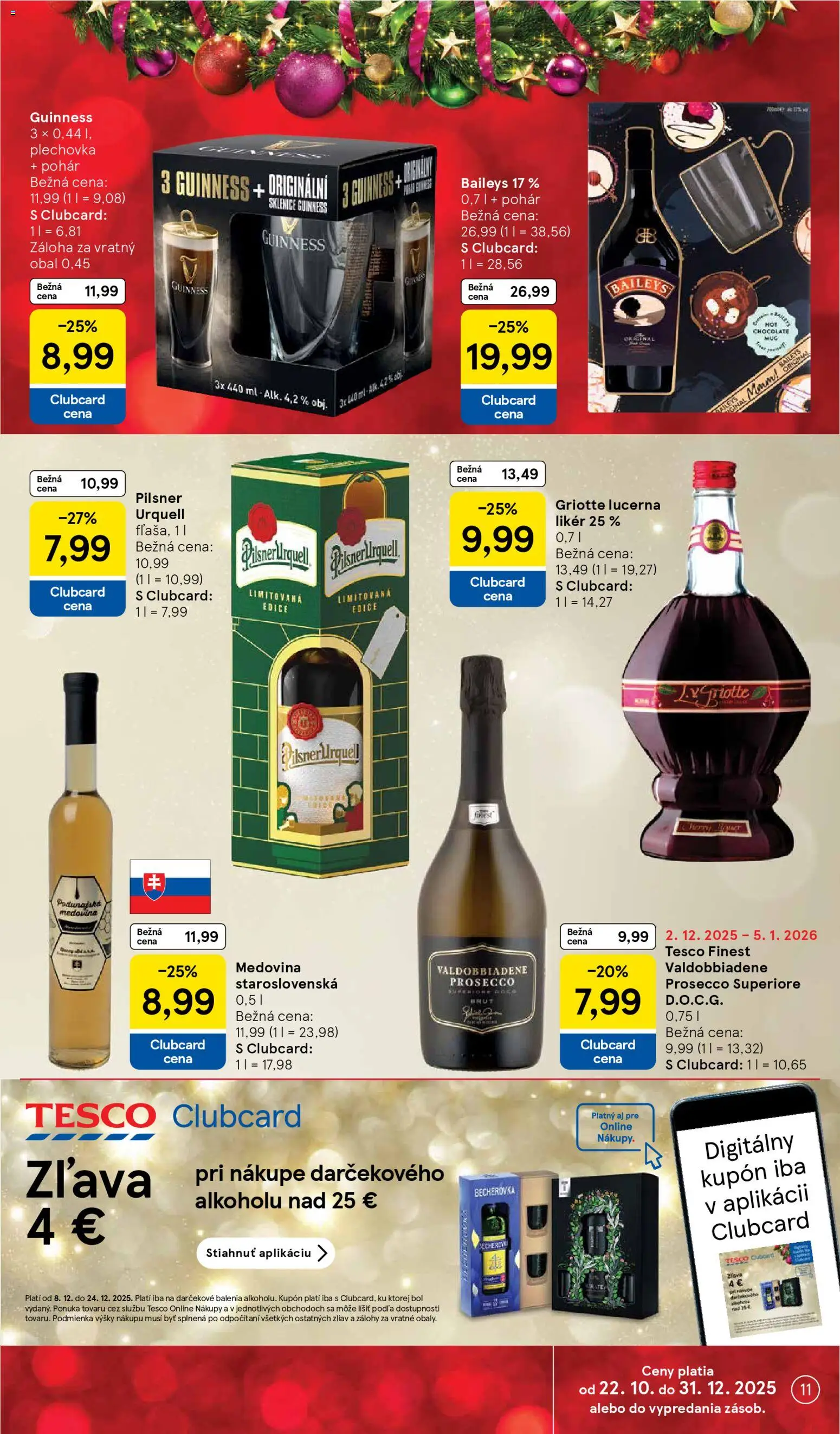Nové Tesco akcie – leták je platný od 17.12.2025 | Strana: 11 | Produkty: Becherovka, Pilsner Urquell, Prosecco, Baileys