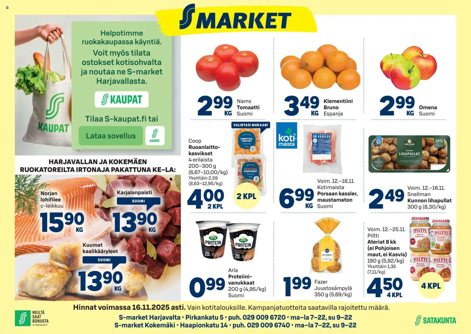 S-market Harjavalta – voimassa 12.11.2025 alkaen | Sivu: 1 | Tuotteet: Kaalikääryleet, Klementiini, Peruna