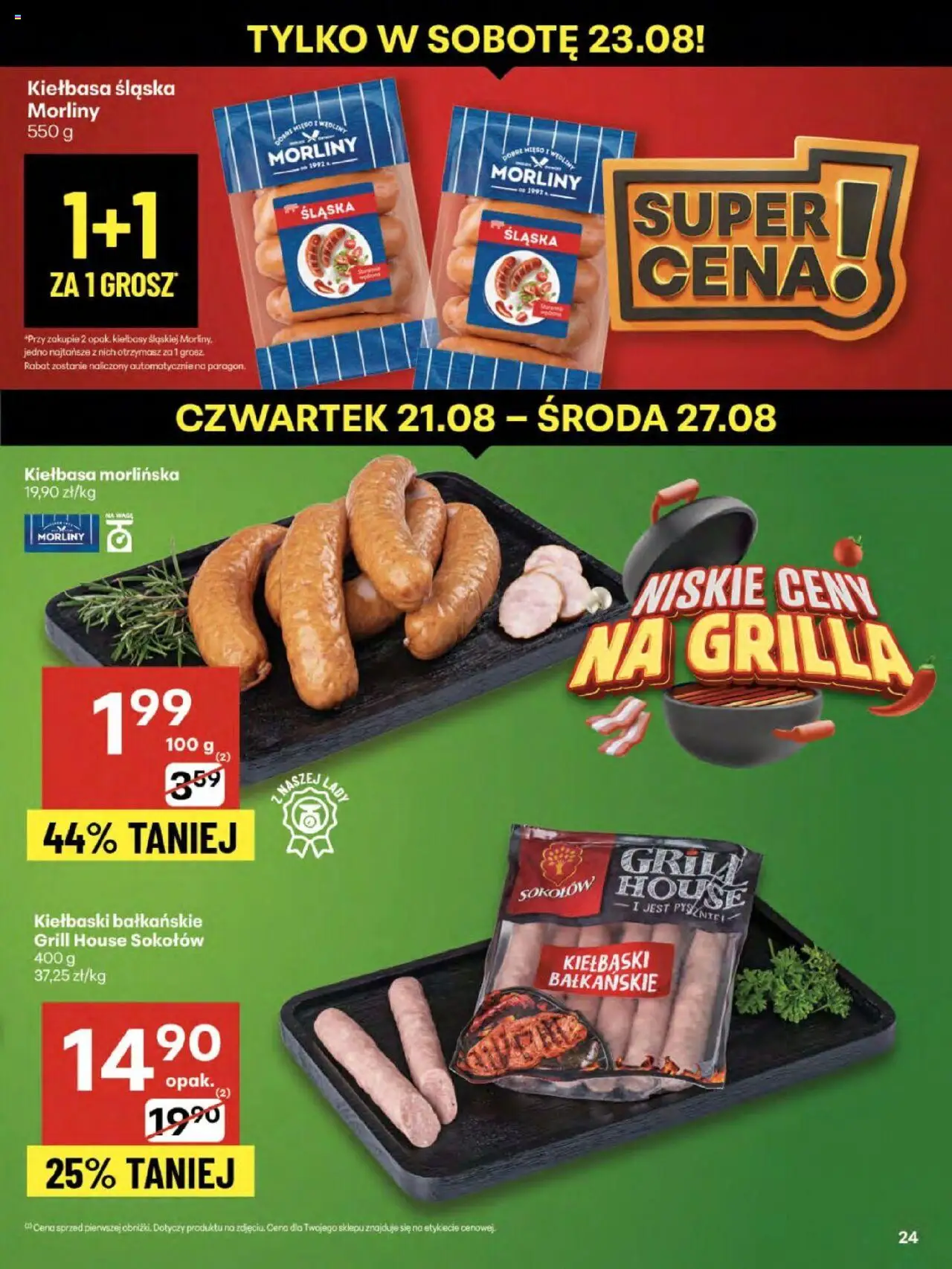 Delikatesy Centrum Gazetka - Sklepy Własne od 21.08.2025 | Strona: 24 | Produkty: Kiełbasa, Kiełbasa śląska morliny, Grill, Kiełbasa śląska