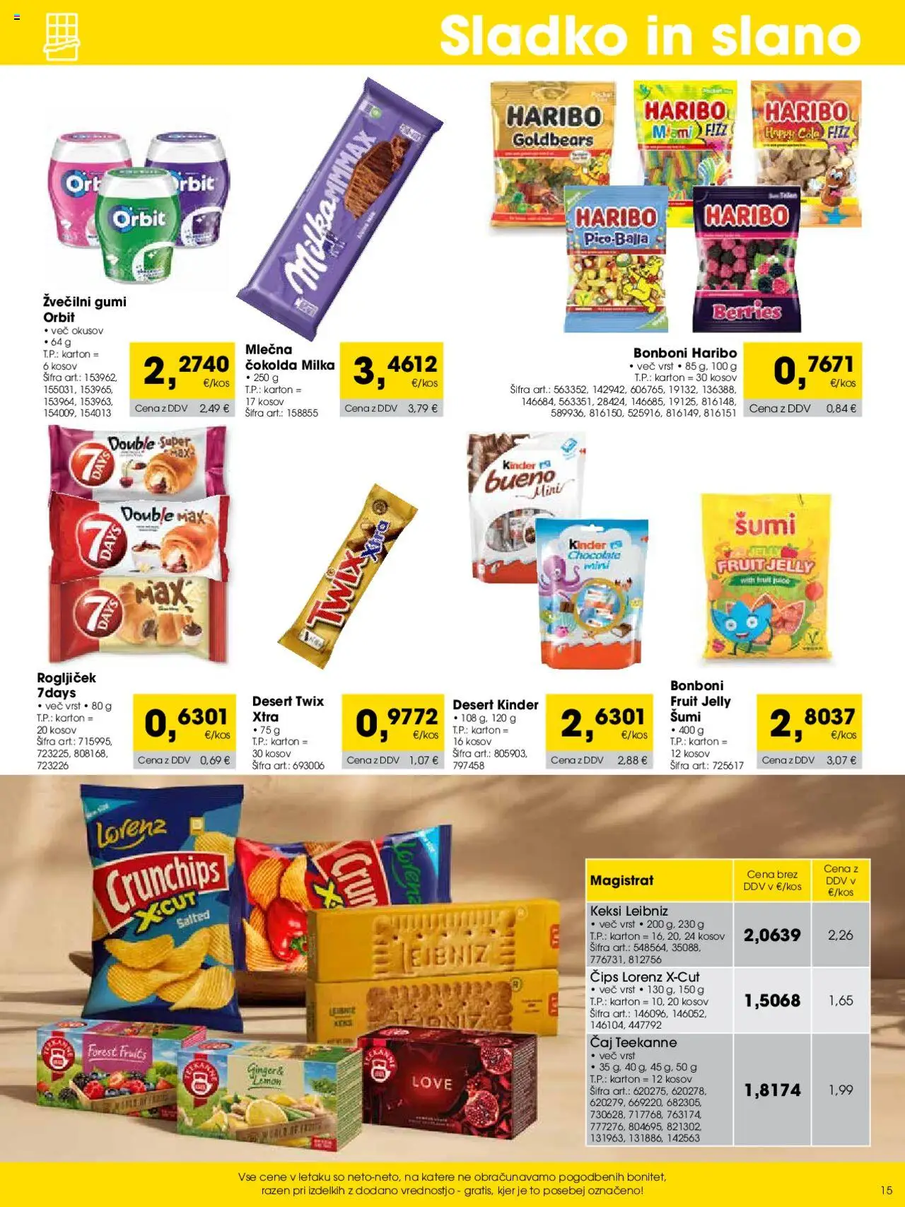 Novi Tuš katalog ponudbe – veljaven od 01.10.2025 | Stran: 15 | Izdelki: Bonboni, Žvečilni gumi, Caj, Cips