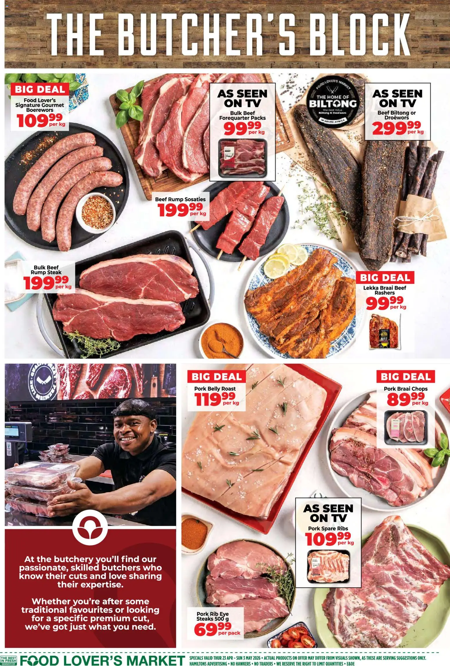New Food Lover's Market catalogue – valid from 23.04.2026 | Page: 8 | Products: TV, Boerewors, Pork, Beef