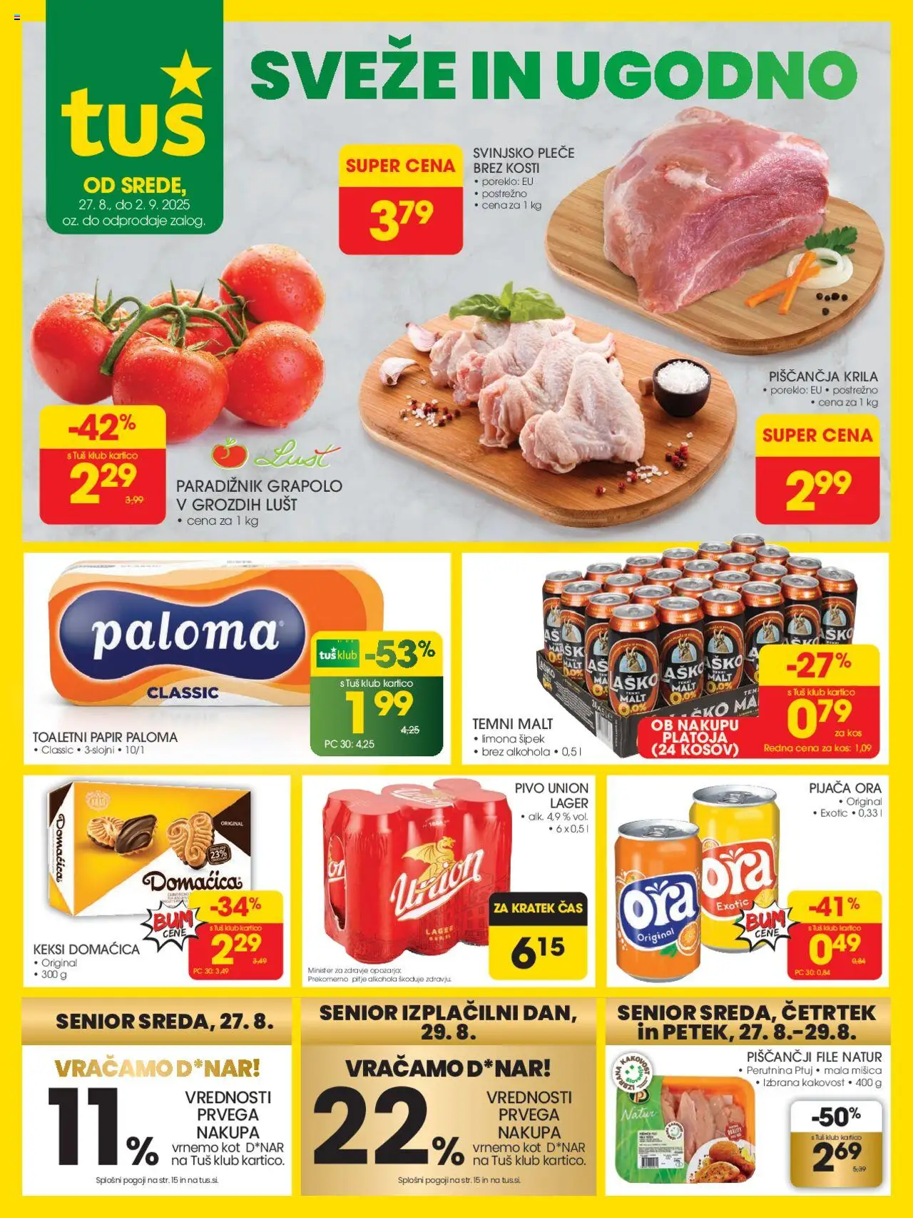 Tuš katalog │ velja od 27.08.2025 | Stran: 1 | Izdelki: Piščančja krila, Kos, Pivo, Limona