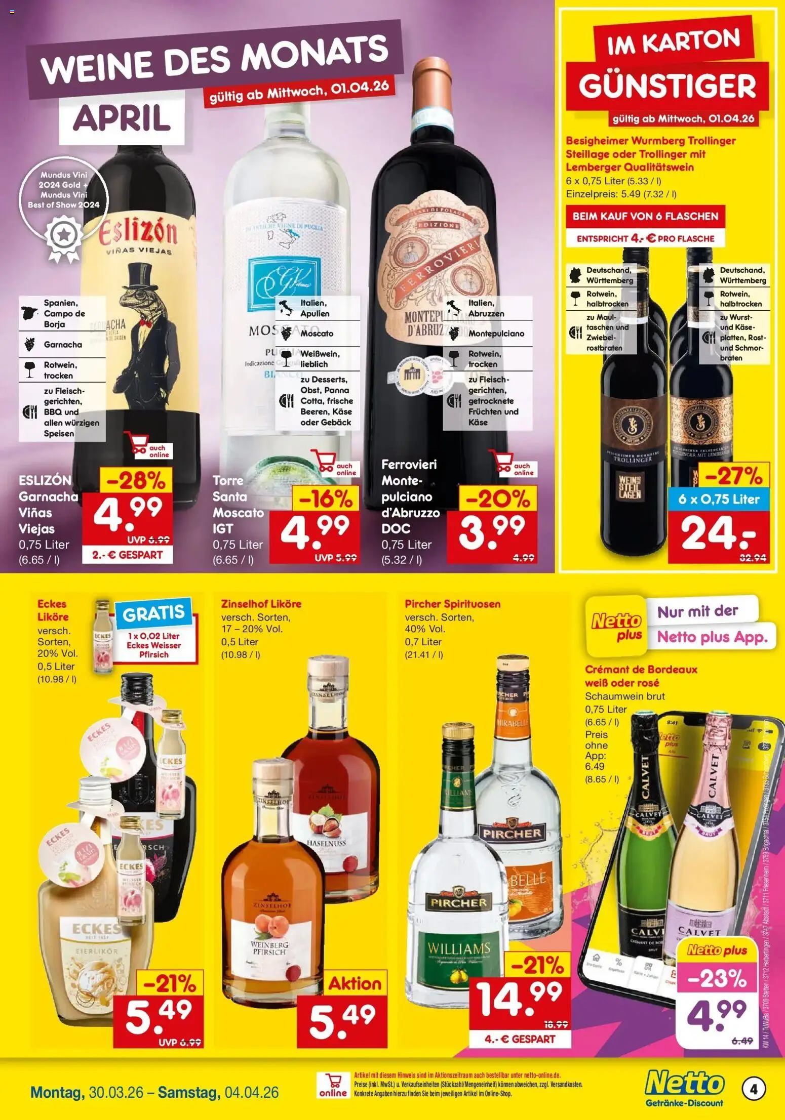 Netto Marken-Discount Prospekt Herbertingen	 – gültig ab 30.03.2026 | Seite: 4 | Produkte: Käse, Wurst, Pfirsich, Fleisch