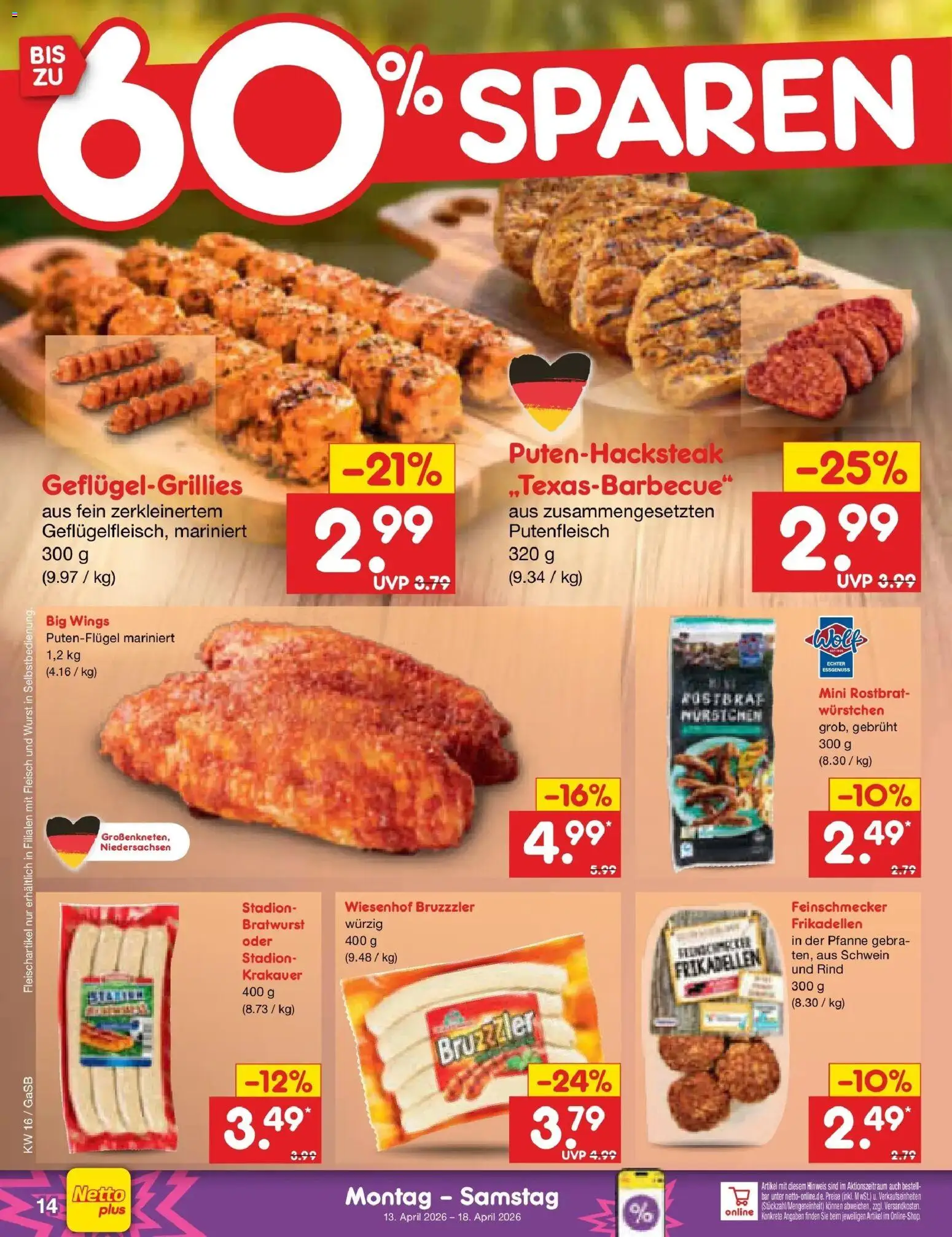 Netto Marken-Discount Prospekt Bremen-Lesum	 – gültig ab 13.04.2026 | Seite: 16 | Produkte: Bratwurst, Wurst, Fleisch