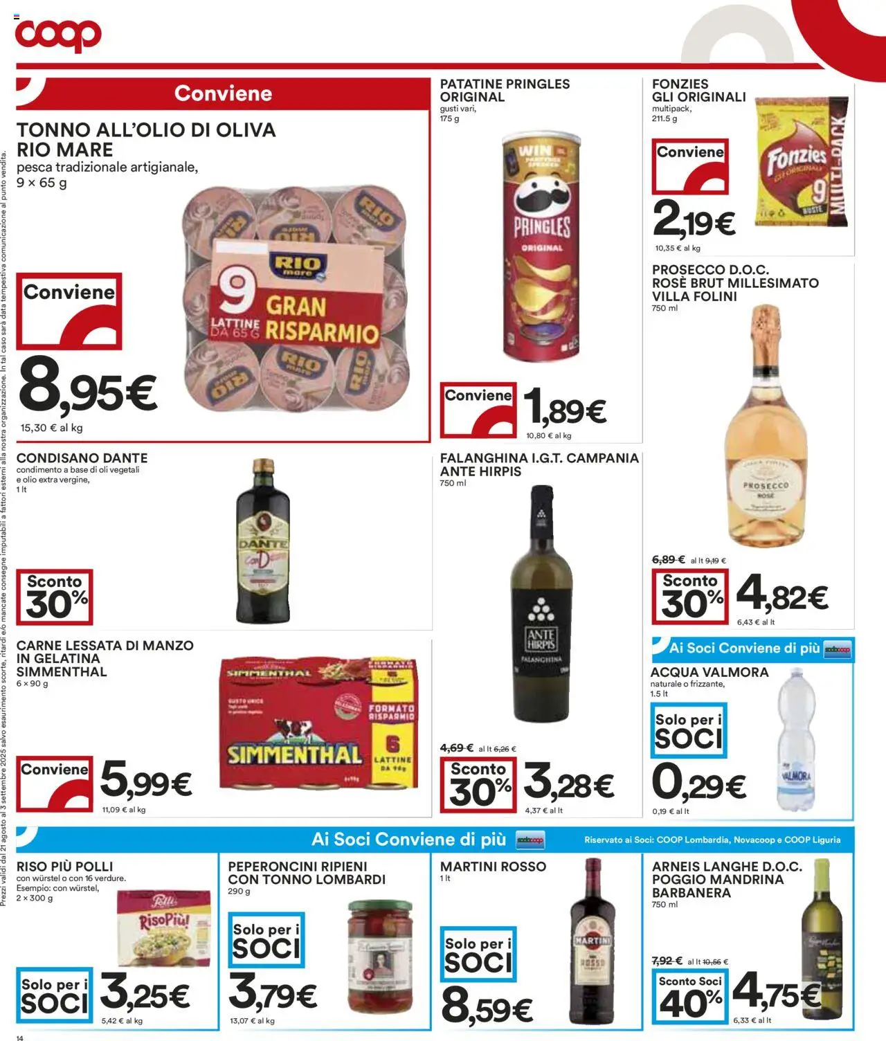 Volantino COOP del 21.08.2025 | Pagina: 14 | Prodotti: Prosecco, Olio, Wurstel, Data