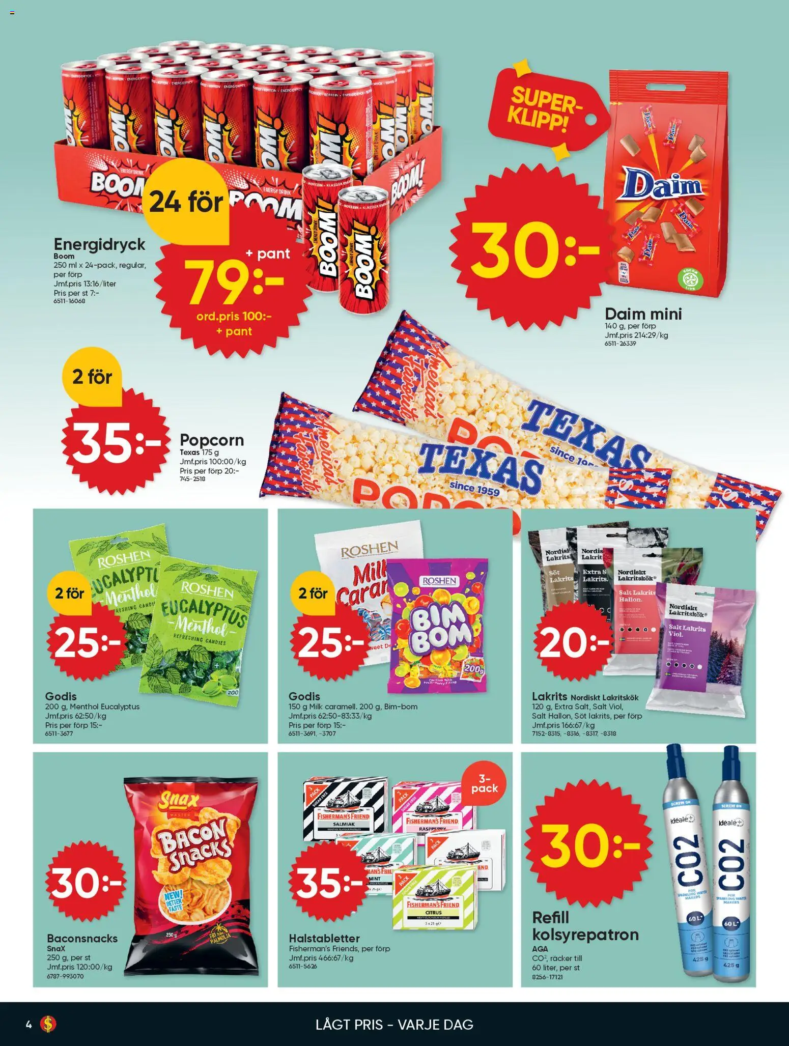 Dollar Store reklamblad aktuell från 27.10.2025 | Sida: 4 | Produkter: Halstabletter, Bacon, Energidryck, Godis
