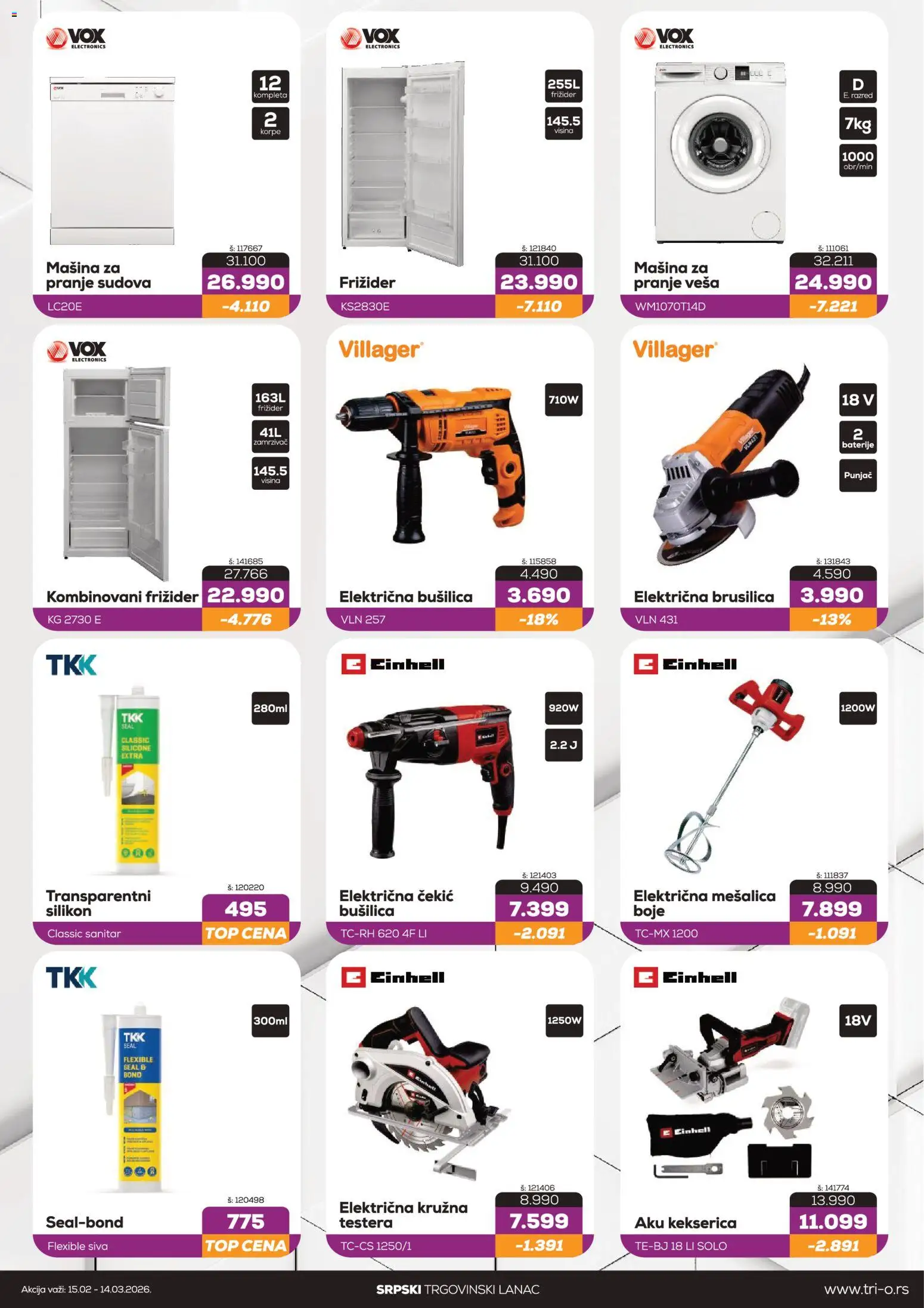 Tri O katalog - važi od 15.02.2026 | Strana: 3 | Proizvode: Mašina za pranje veša, Brusilica, Bušilica, Zamrzivač