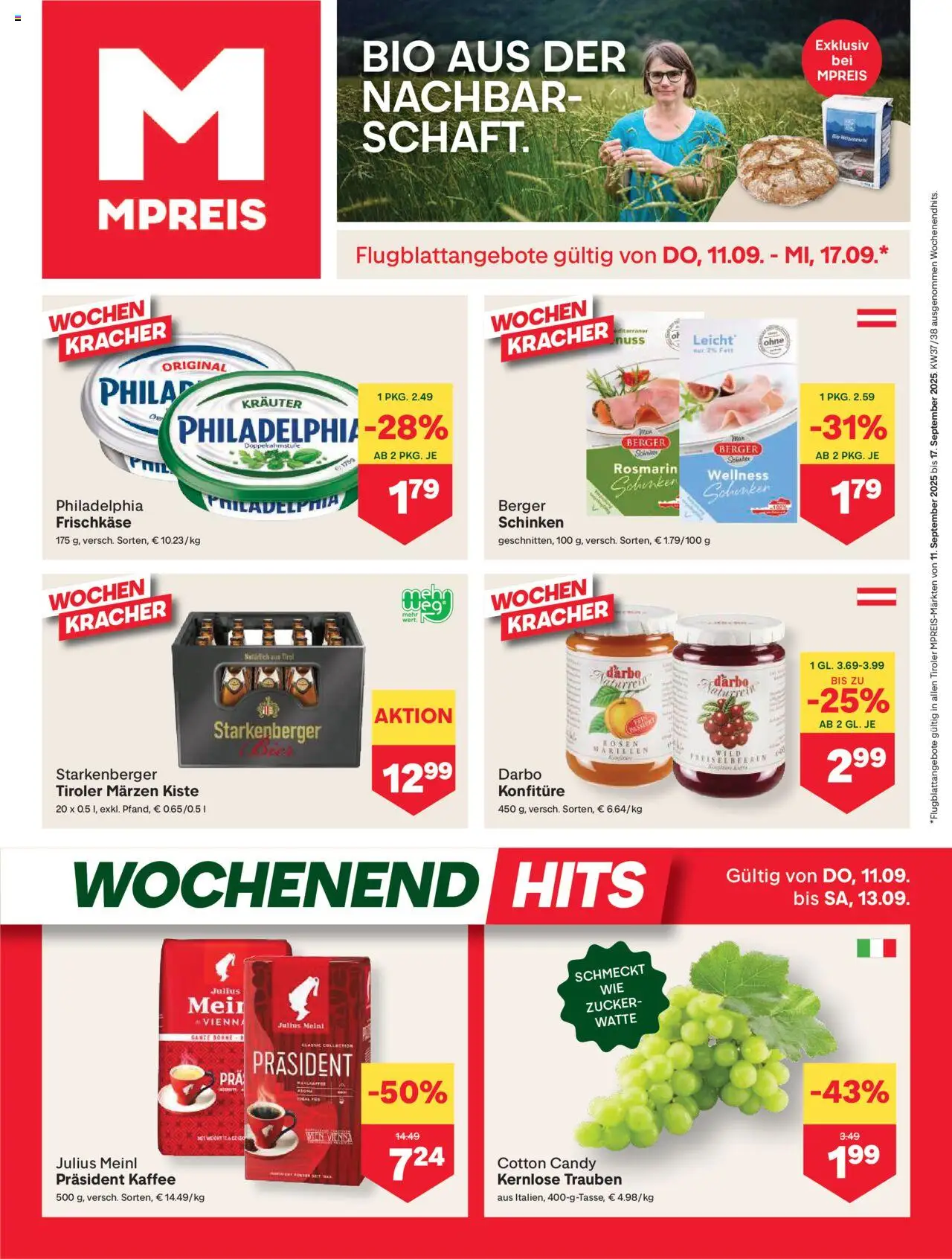 MPREIS Absam gültig ab 11.09.2025 | Seite: 1 | Produkte: Zucker, Kaffee, Schinken