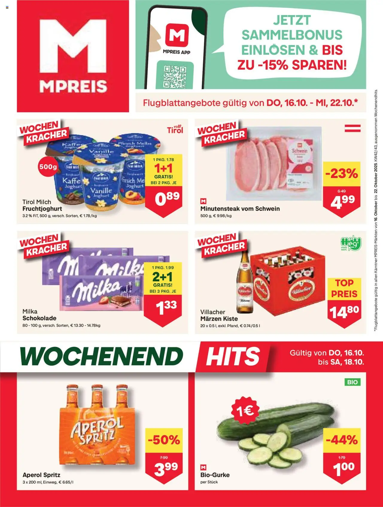 MPREIS Kärnten gültig ab 16.10.2025 | Seite: 1 | Produkte: Pfirsich, Milch, Joghurt, Schokolade