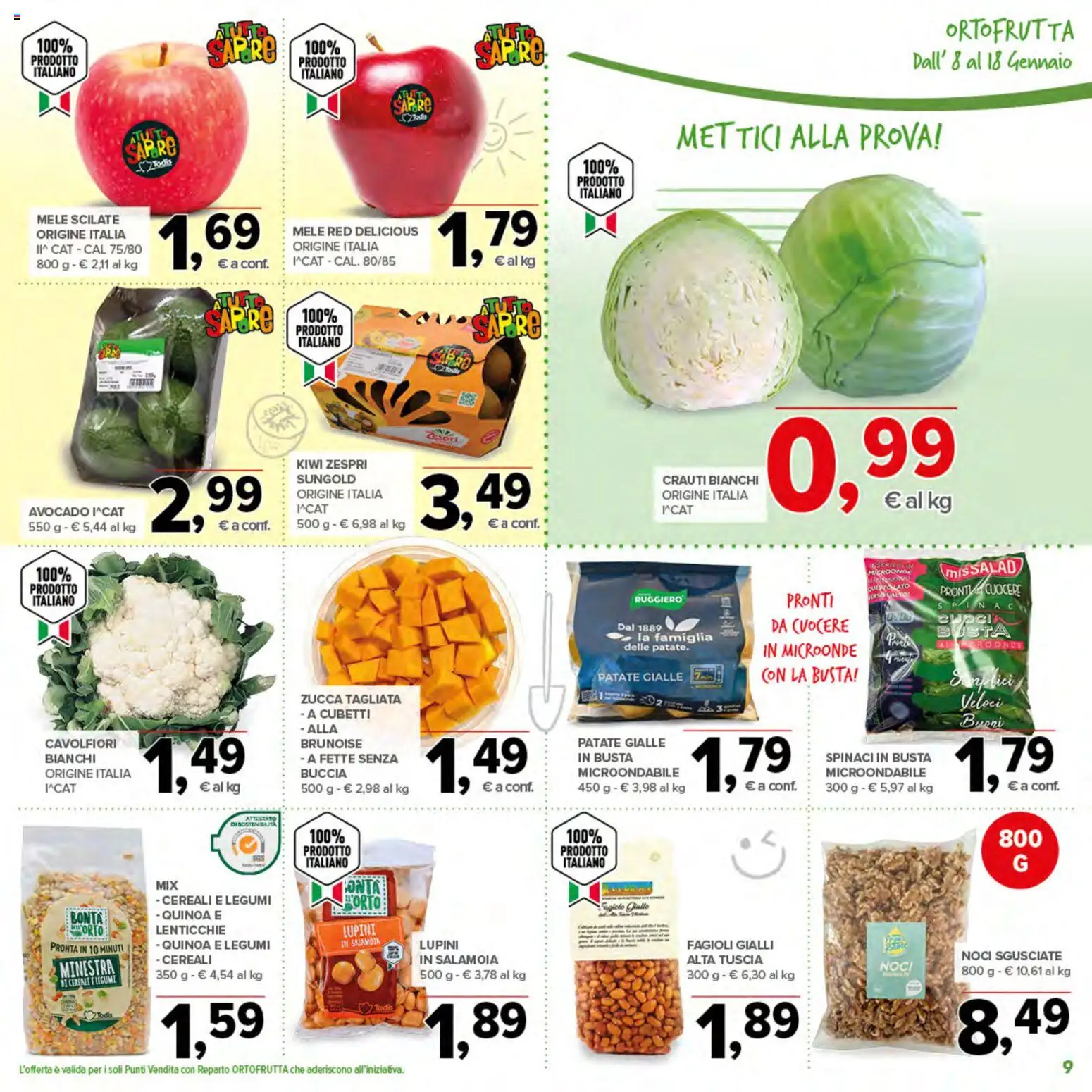 Volantino Todis del 08.01.2026 | Pagina: 9 | Prodotti: Legumi, Kiwi, Fagioli, Spinaci