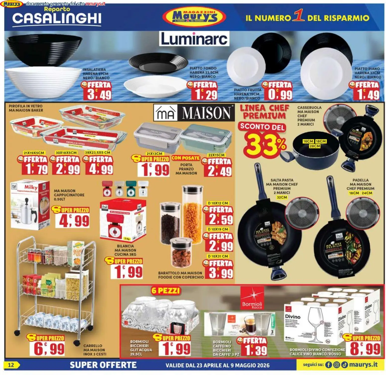 Volantino Maury's del 23.04.2026 | Pagina: 12 | Prodotti: Calice, Acqua, Vino, Piatto