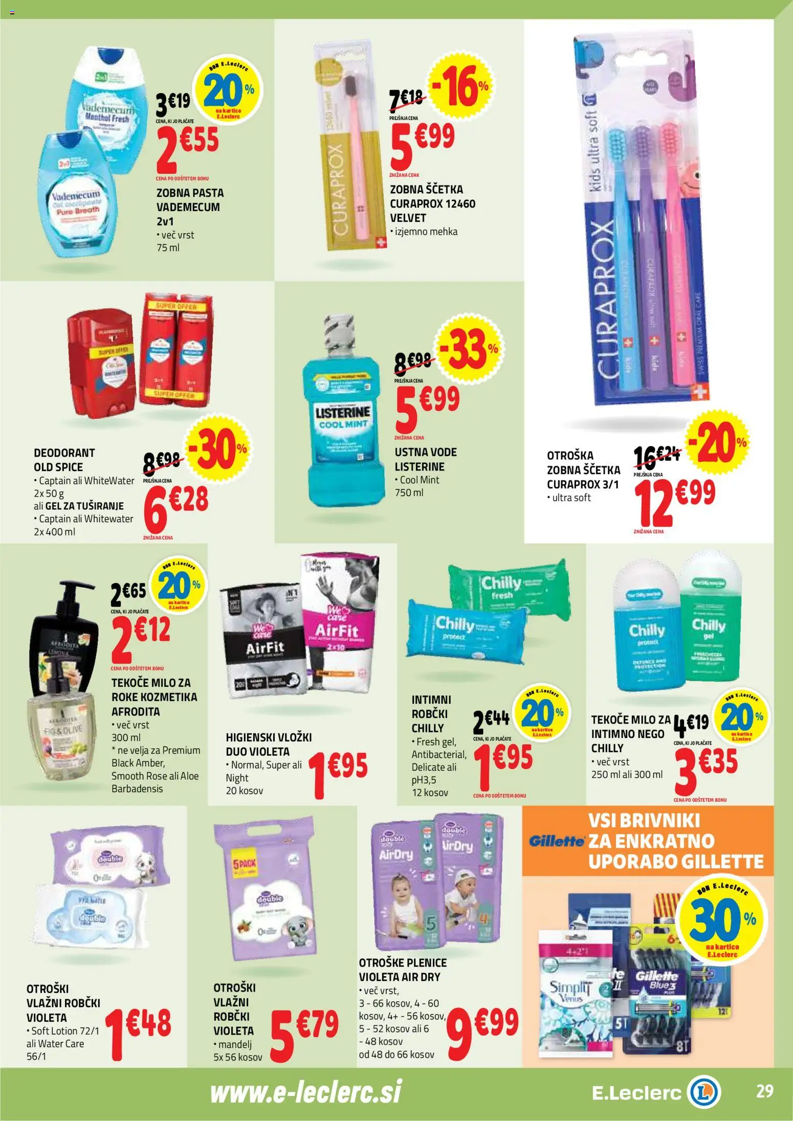 Novi E.leclerc katalog ponudbe – veljaven od 21.01.2026 | Stran: 29 | Izdelki: Higienski vložki, Plenice, Gel za tusiranje, Deodorant