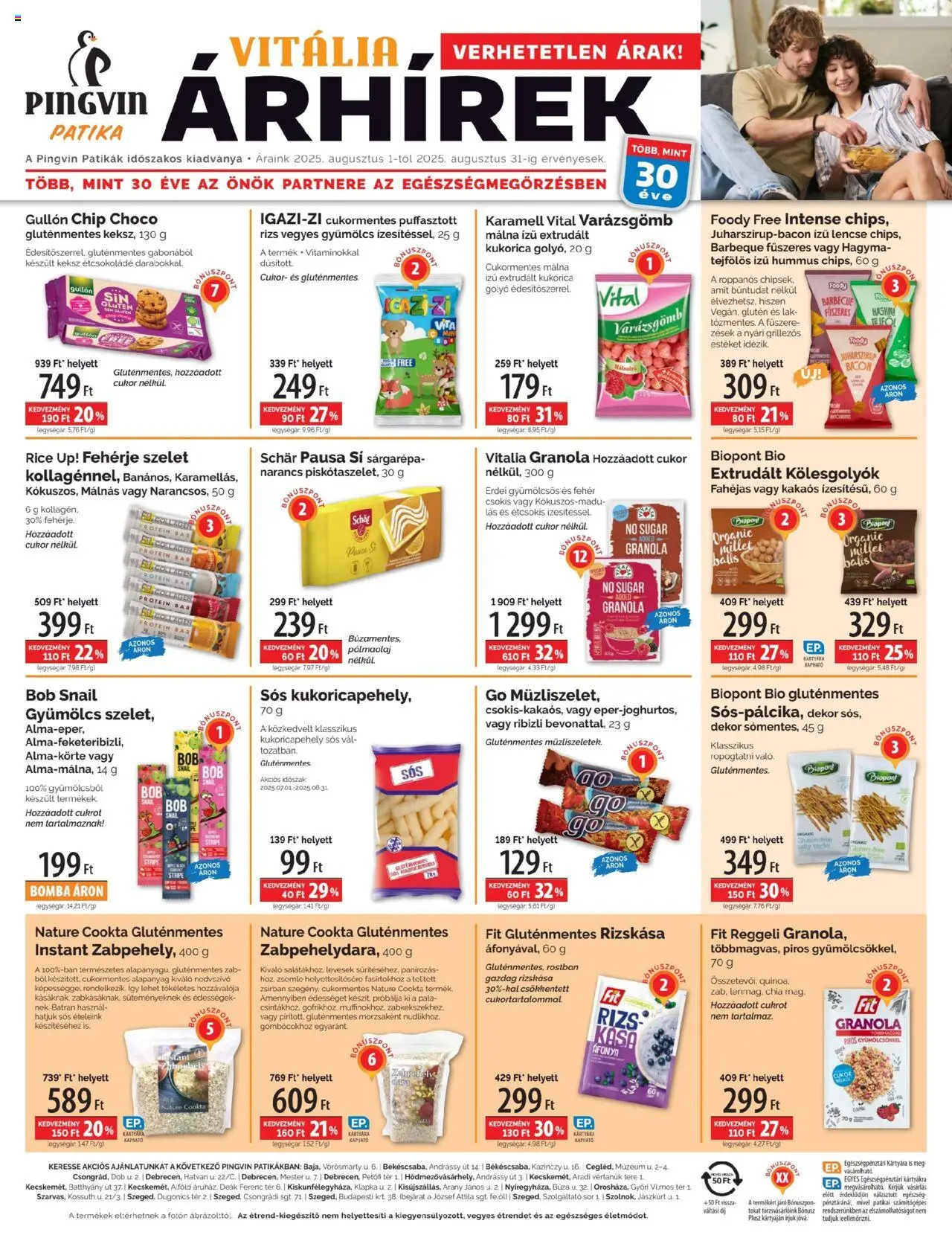 Pingvin Patika akciós ujság - amely érvényes a következő dátumtól: 01.08.2025 | Oldal: 1 | Termékek: Protein bar, Édességek, Zsemle, Juharszirup