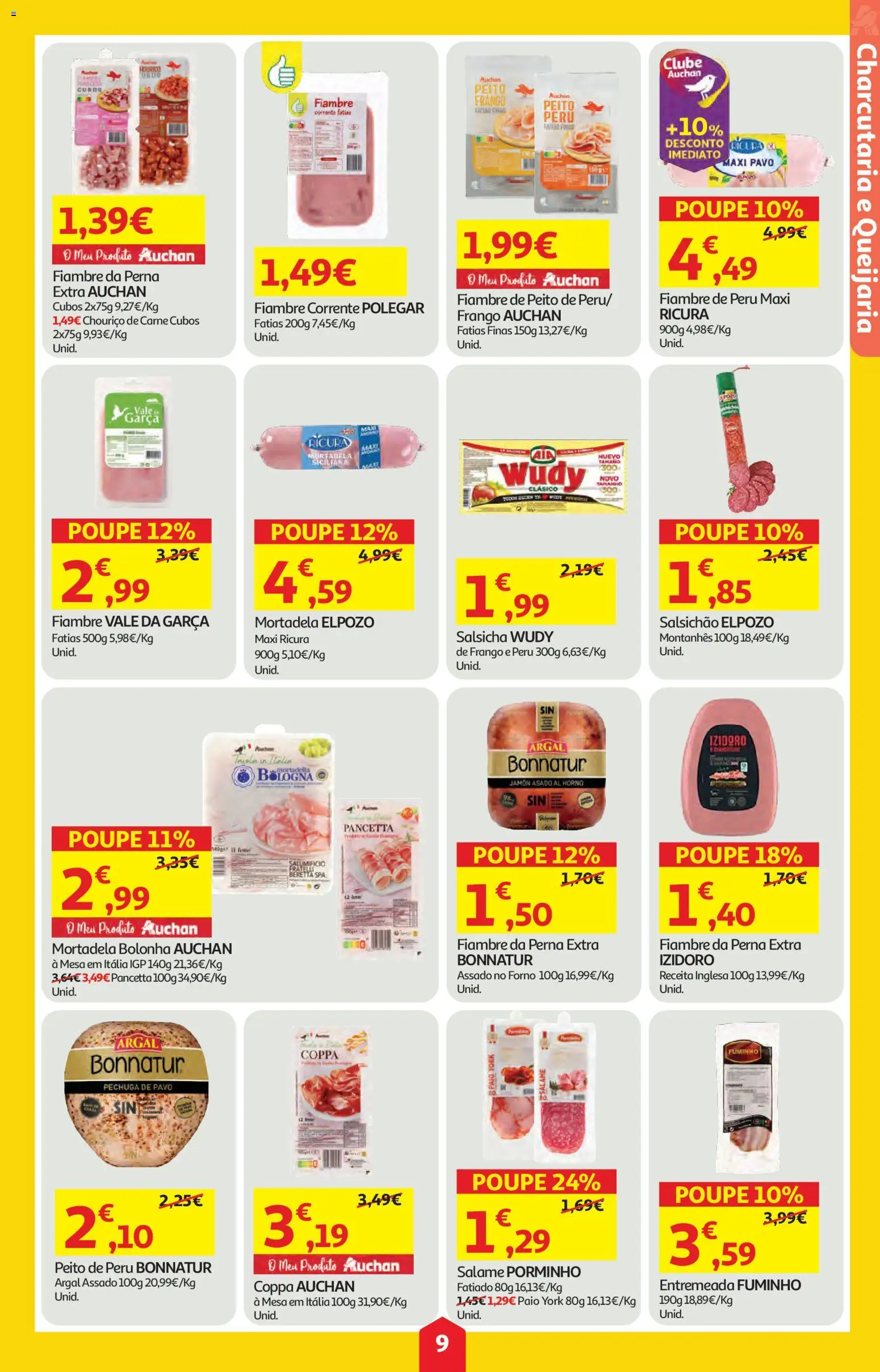 Auchan folheto │ válido de 09.04.2026 | Página: 9 | Produtos: Mortadela, Frango, Mesa, Salame