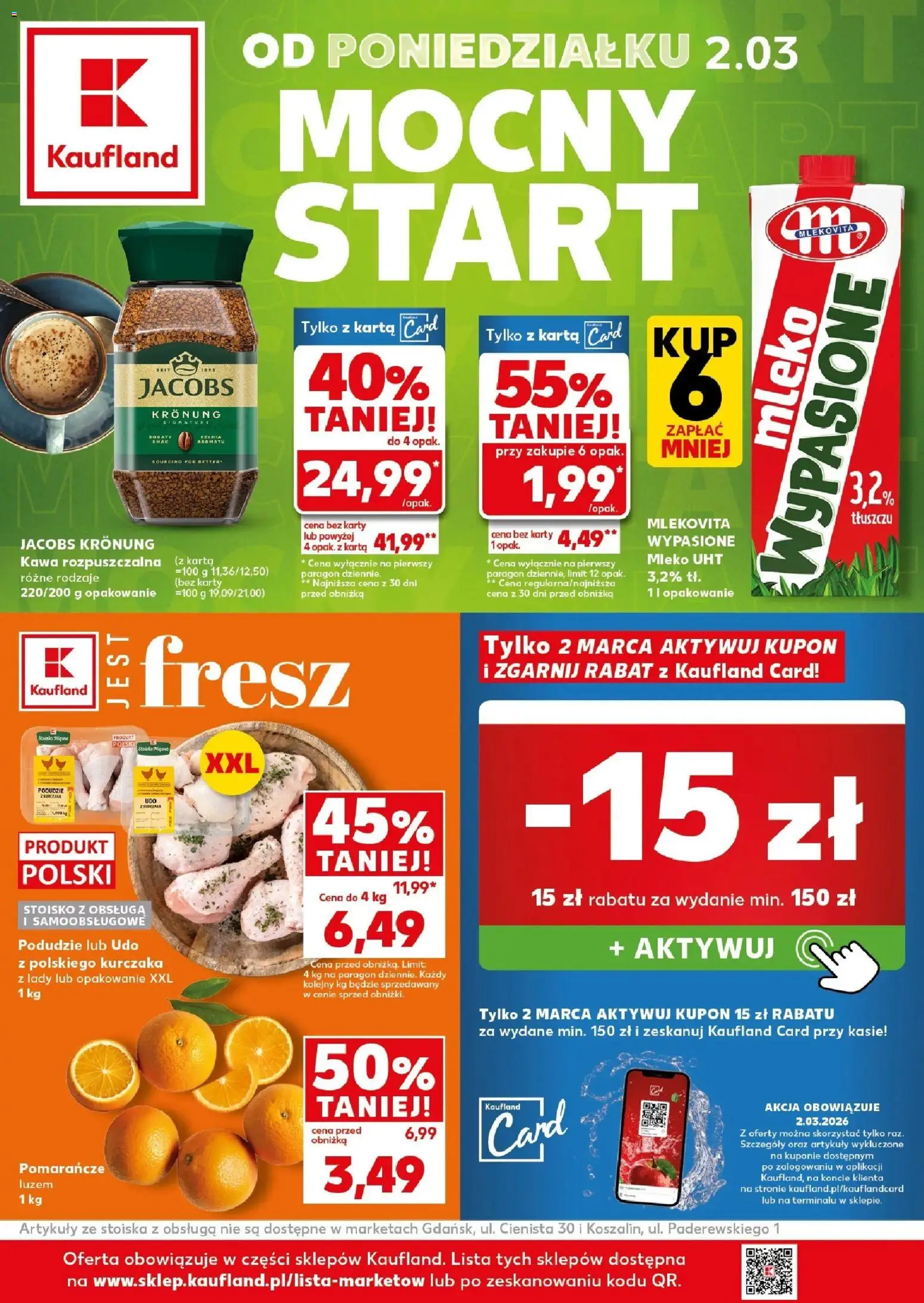 Kaufland gazetka - Mocny start od 02.03.2026 | Strona: 1 | Produkty: Kawa rozpuszczalna, Mleko, Kawa, Pomarańcze