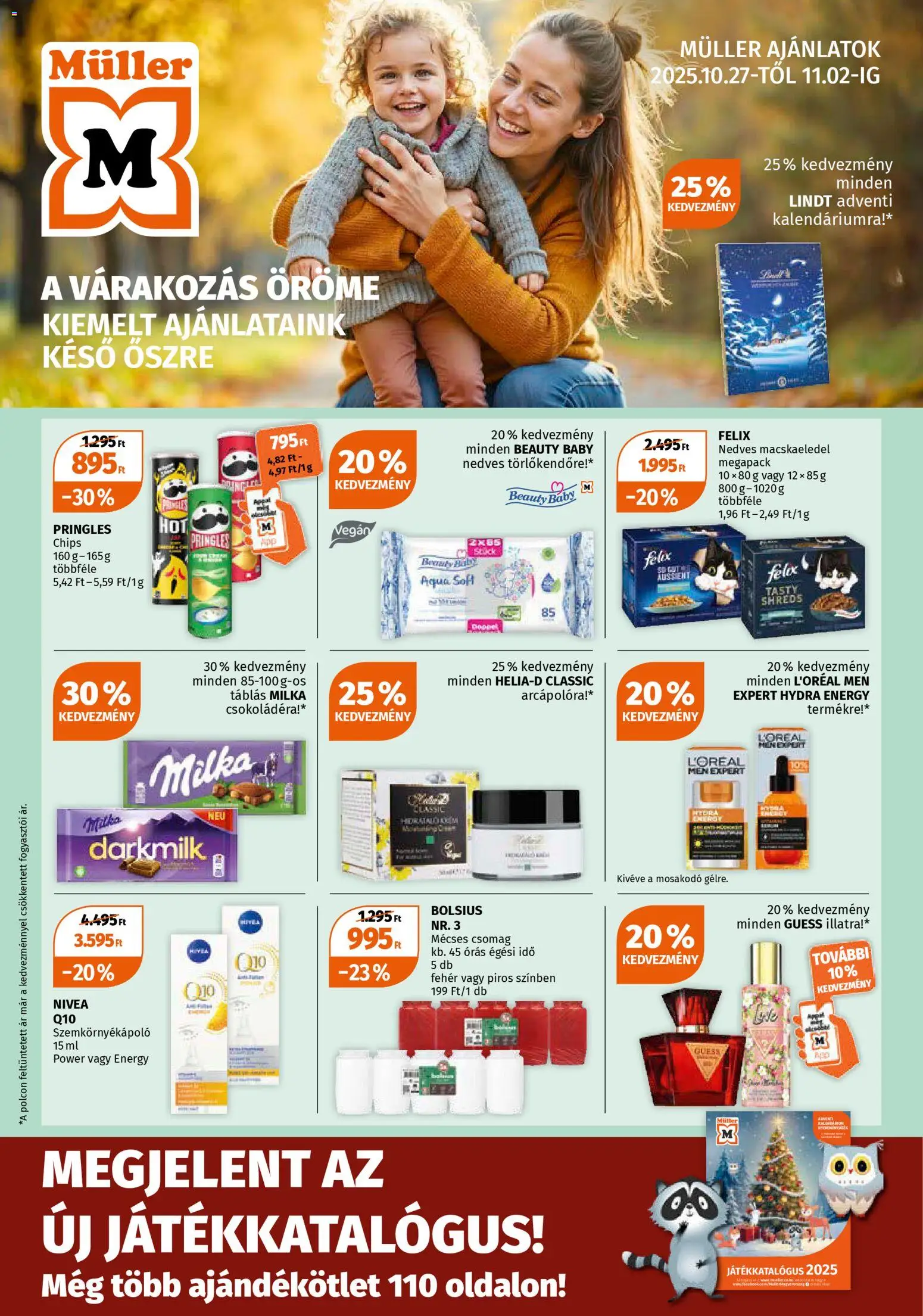 Müller akciós ujság - amely érvényes a következő dátumtól: 27.10.2025 | Oldal: 1 | Termékek: Chips, Pringles, Szemkörnyékápoló, Mécses