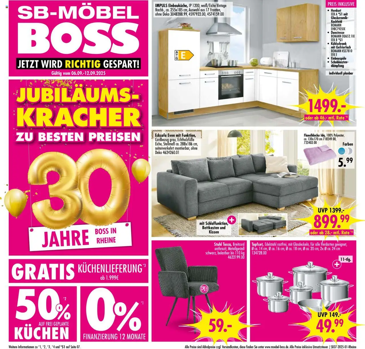 SB Möbel Boss Prospekt Rheine 	 – gültig ab 06.09.2025 | Seite: 1 | Produkte: Ecksofa, Stuhl, Kühlschrank, Kochfeld
