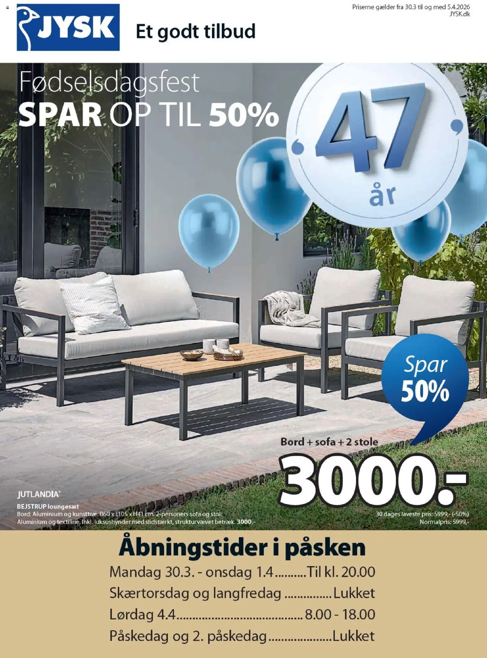 JYSK tilbudsavis – gyldig fra 30.03.2026 | Side: 1 | Produkter: Sofa, Bord, Stol, Loungesæt