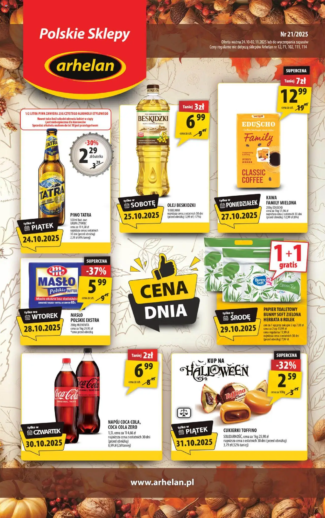 Arhelan Gazetka od 24.10.2025 | Strona: 1 | Produkty: Olej rzepakowy, Coca Cola zero, Herbata, Cukierki