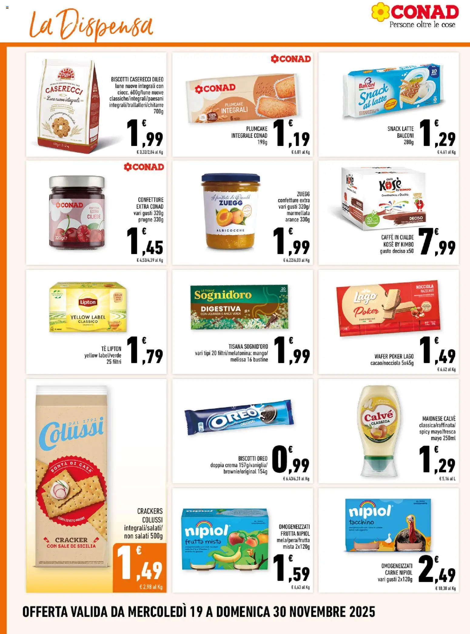 Volantino Conad del 19.11.2025 | Pagina: 10 | Prodotti: Biscotti, Maionese, Tacchino, Marmellata