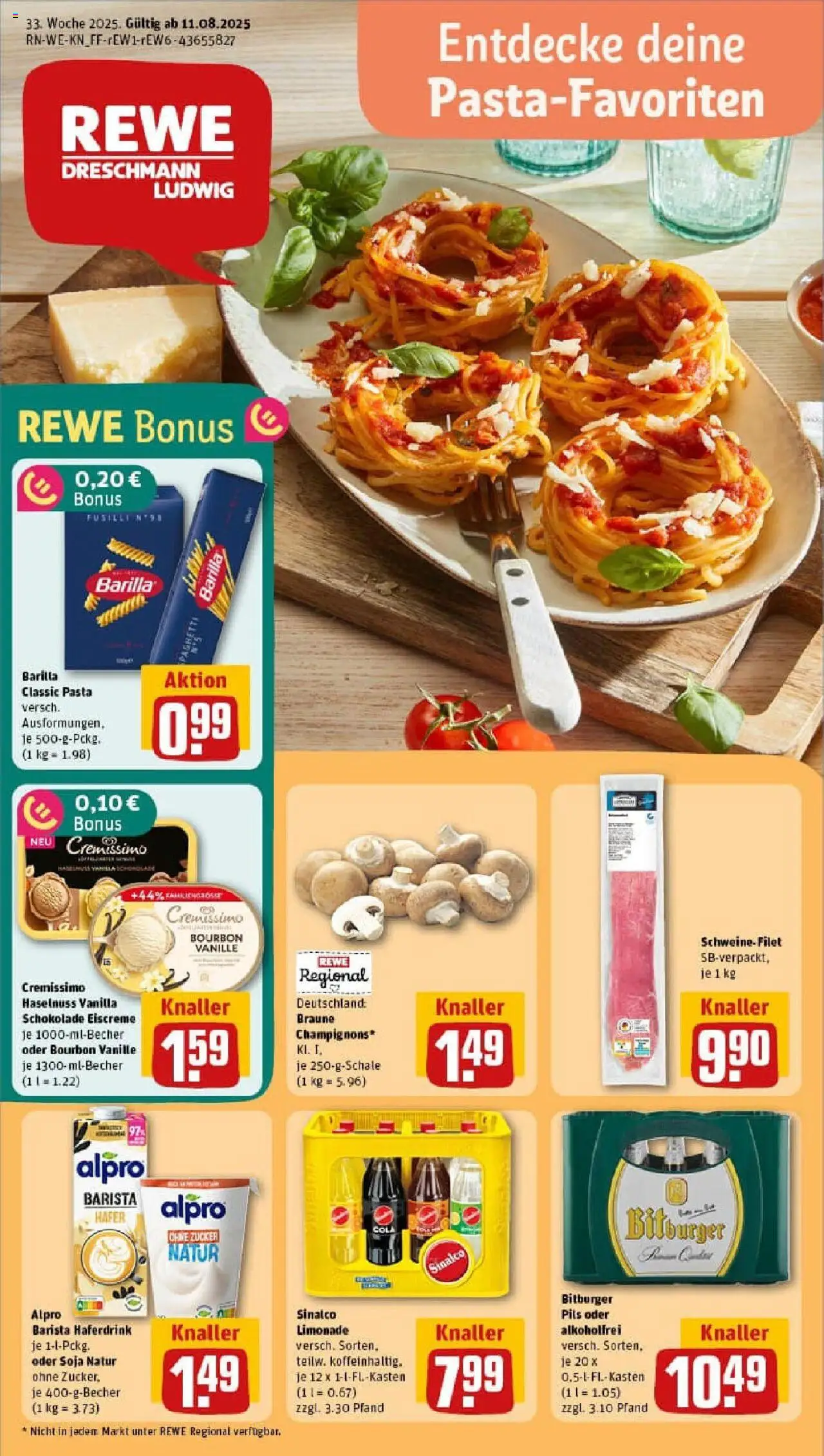 Rewe prospekt Langenfeld / Reusrath	 - gültig ab dem 11.08.2025 | Seite: 1 | Produkte: Sinalco, Bitburger, Limonade, Pasta