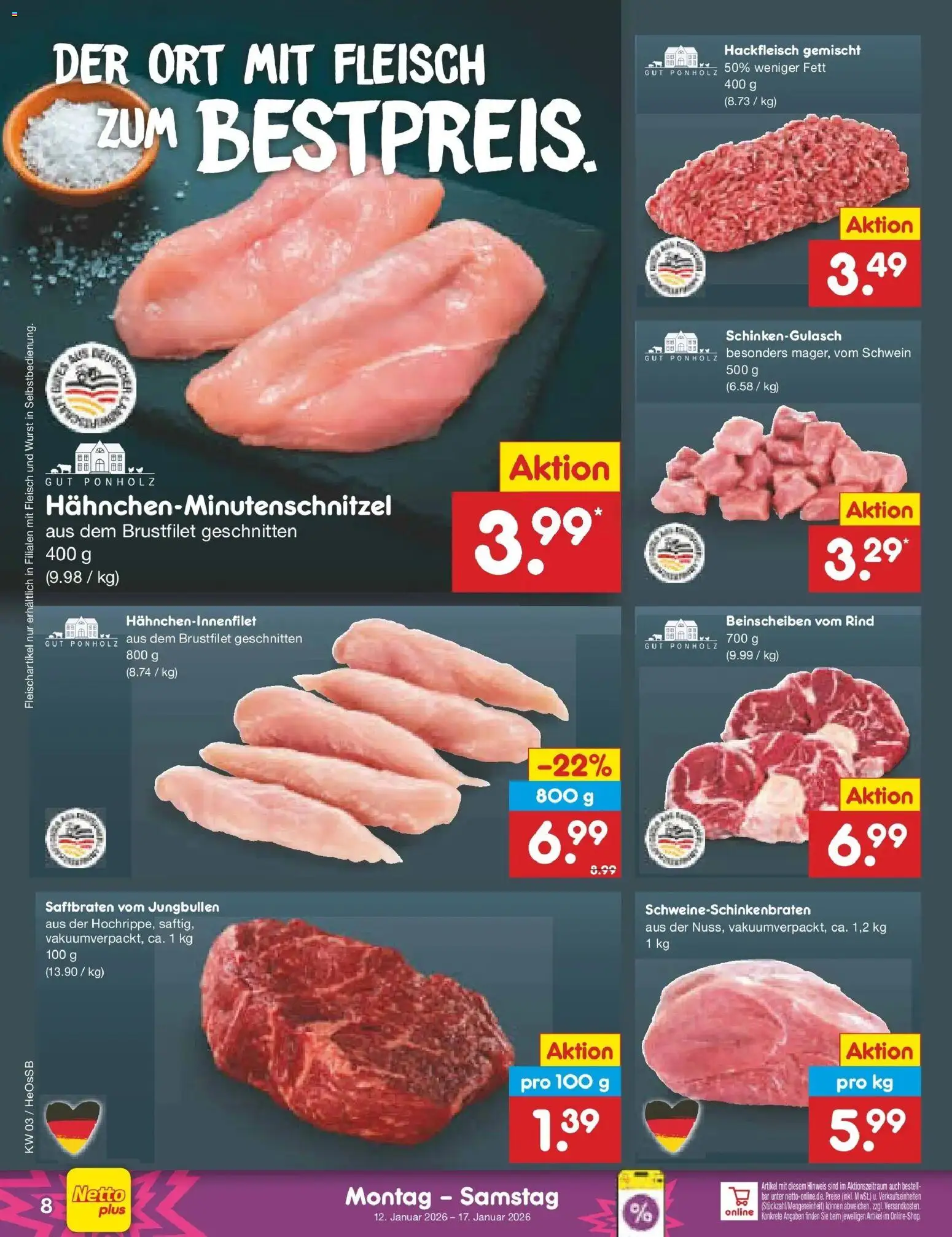 Netto Marken-Discount prospekt Kröpelin	 – gültig ab 12.01.2026 | Seite: 8 | Produkte: Wurst, Fleisch, Hackfleisch