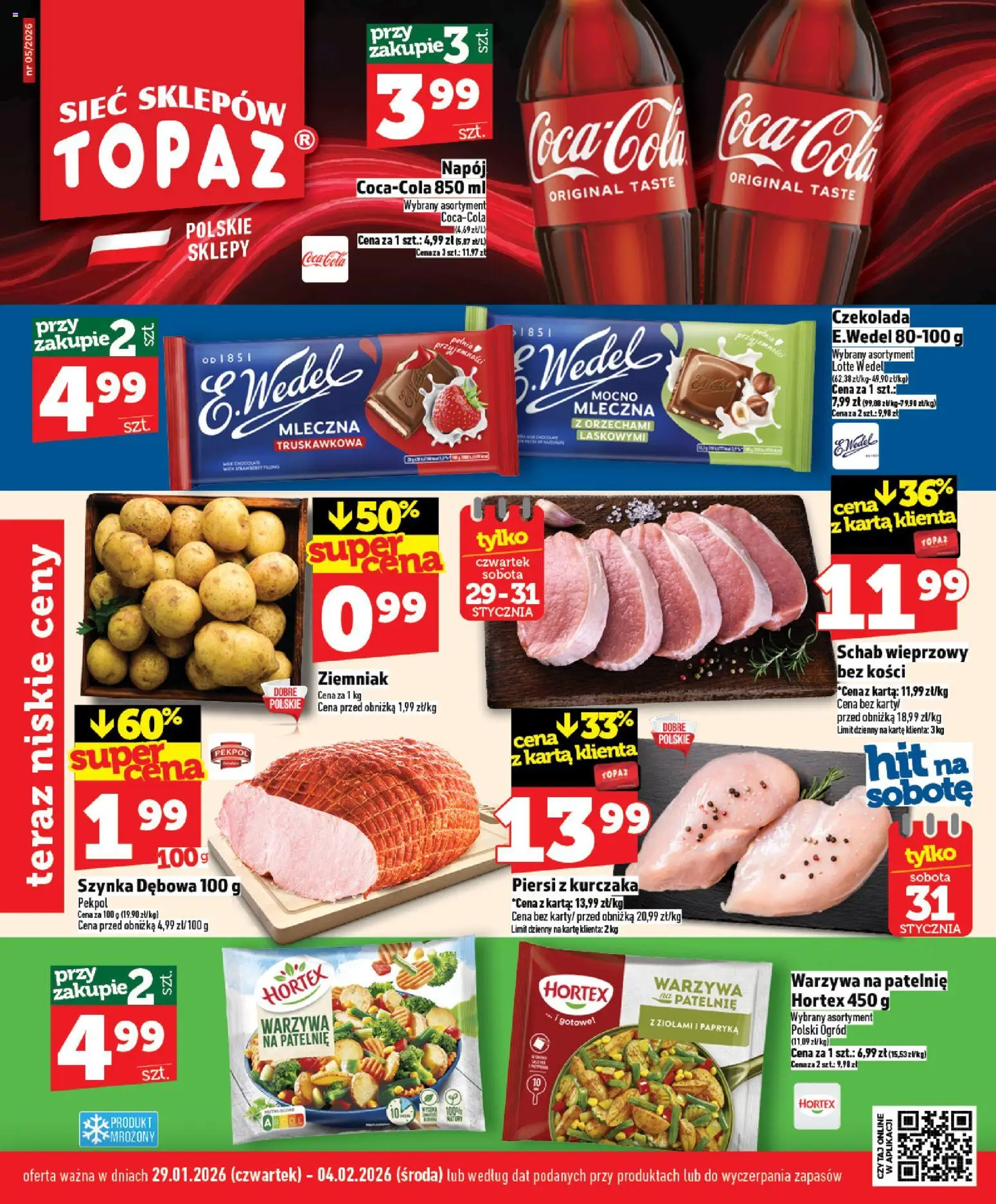 Topaz Gazetka od 29.01.2026 | Strona: 1 | Produkty: Schab, Piersi, Warzywa na patelnie, Czekolada
