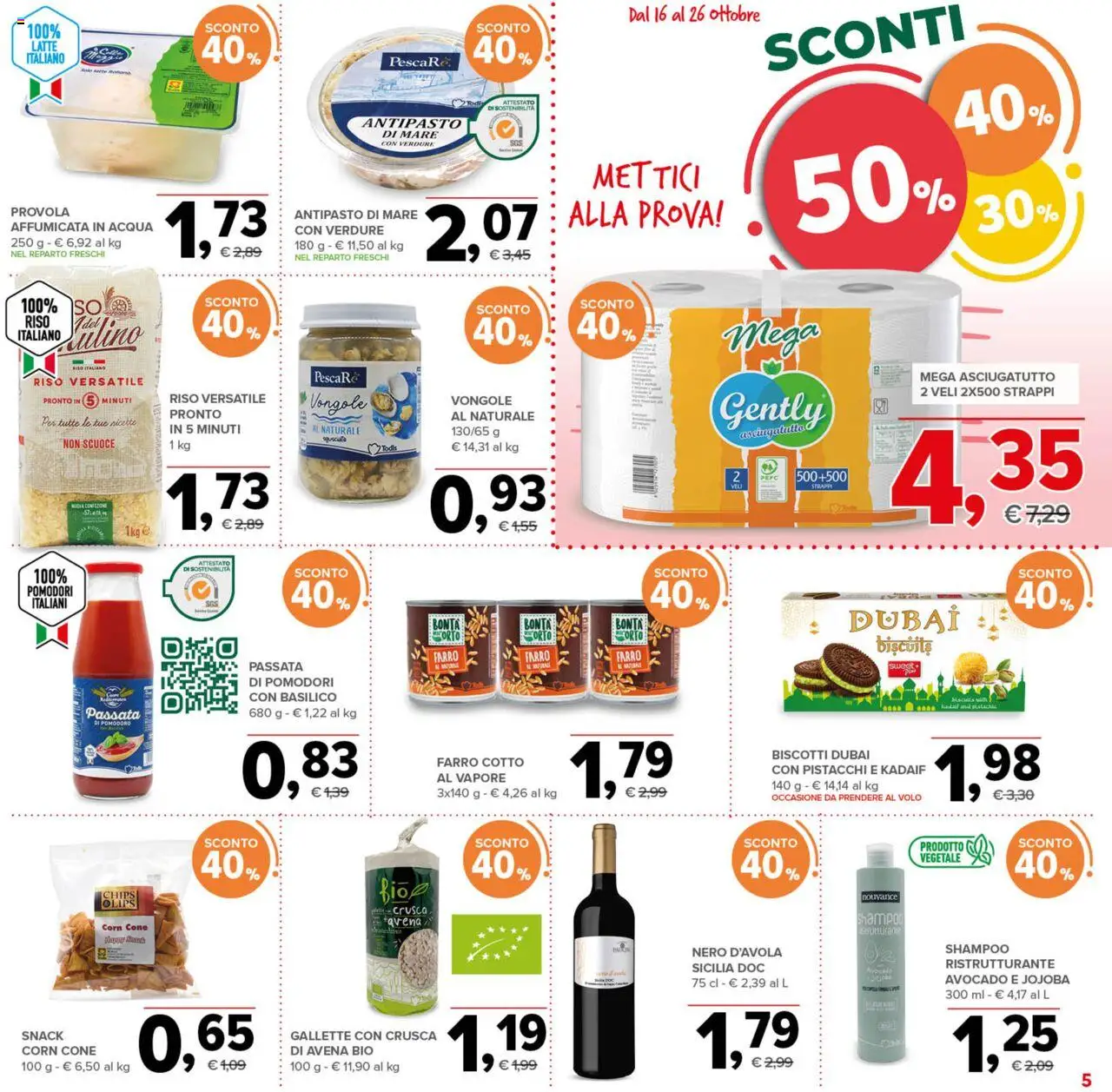 Volantino Todis del 16.10.2025 | Pagina: 5 | Prodotti: Vongole, Acqua, Latte, Gallette