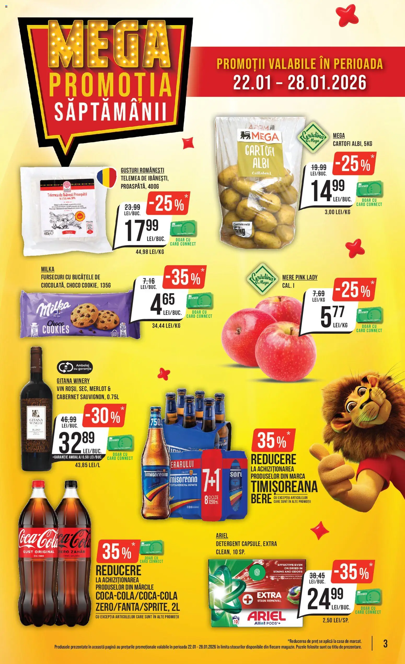 Noul catalog Mega Image – valabil de la 22.01.2026 | Pagină: 3 | Produse: Amerikan servis, Bere, Mere, Detergent