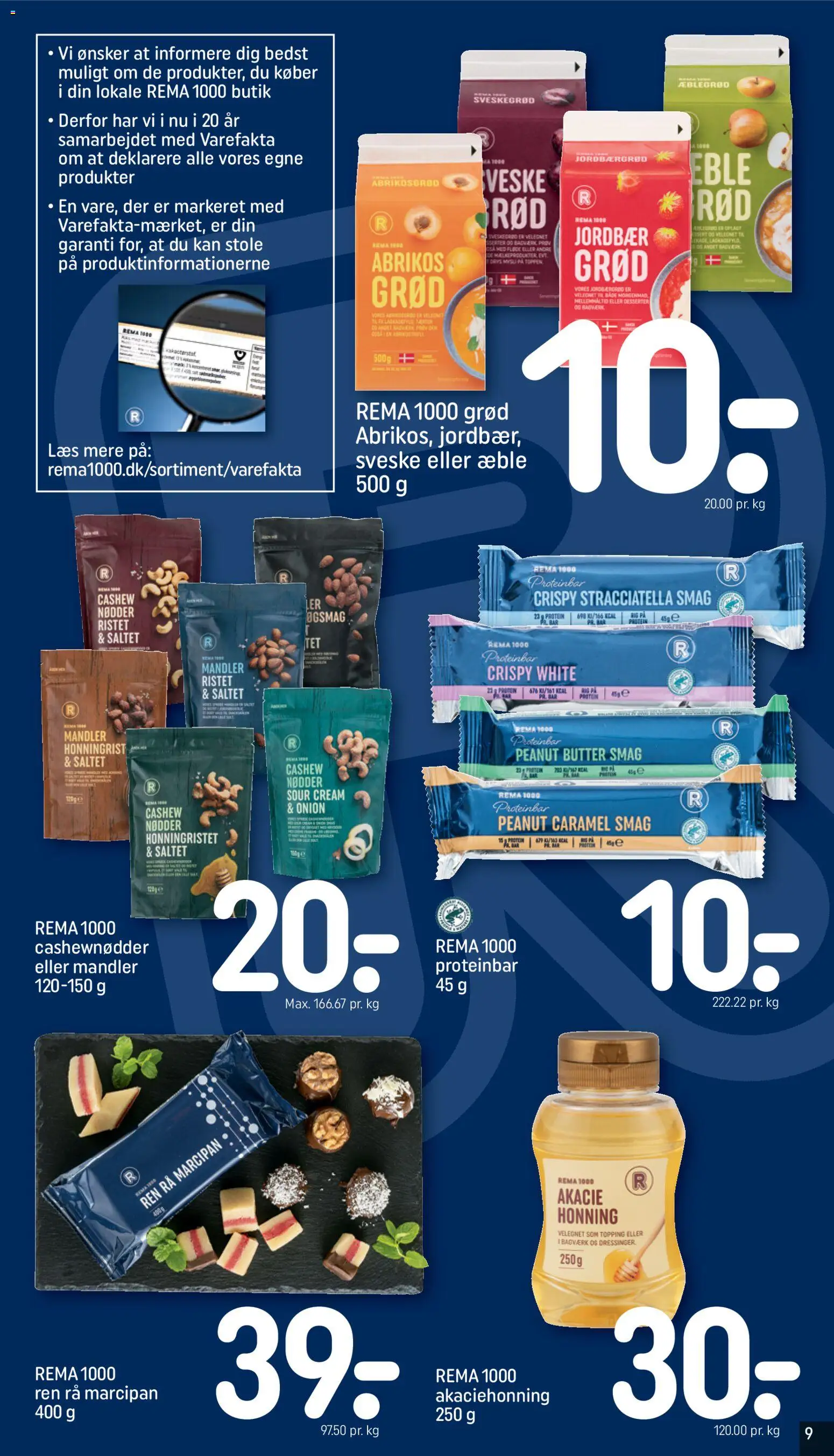 Rema 1000 tilbudsavis – gyldig fra 26.10.2025 | Side: 9 | Produkter: Mandler, Cashewnødder, Honning, Jordbærgrød