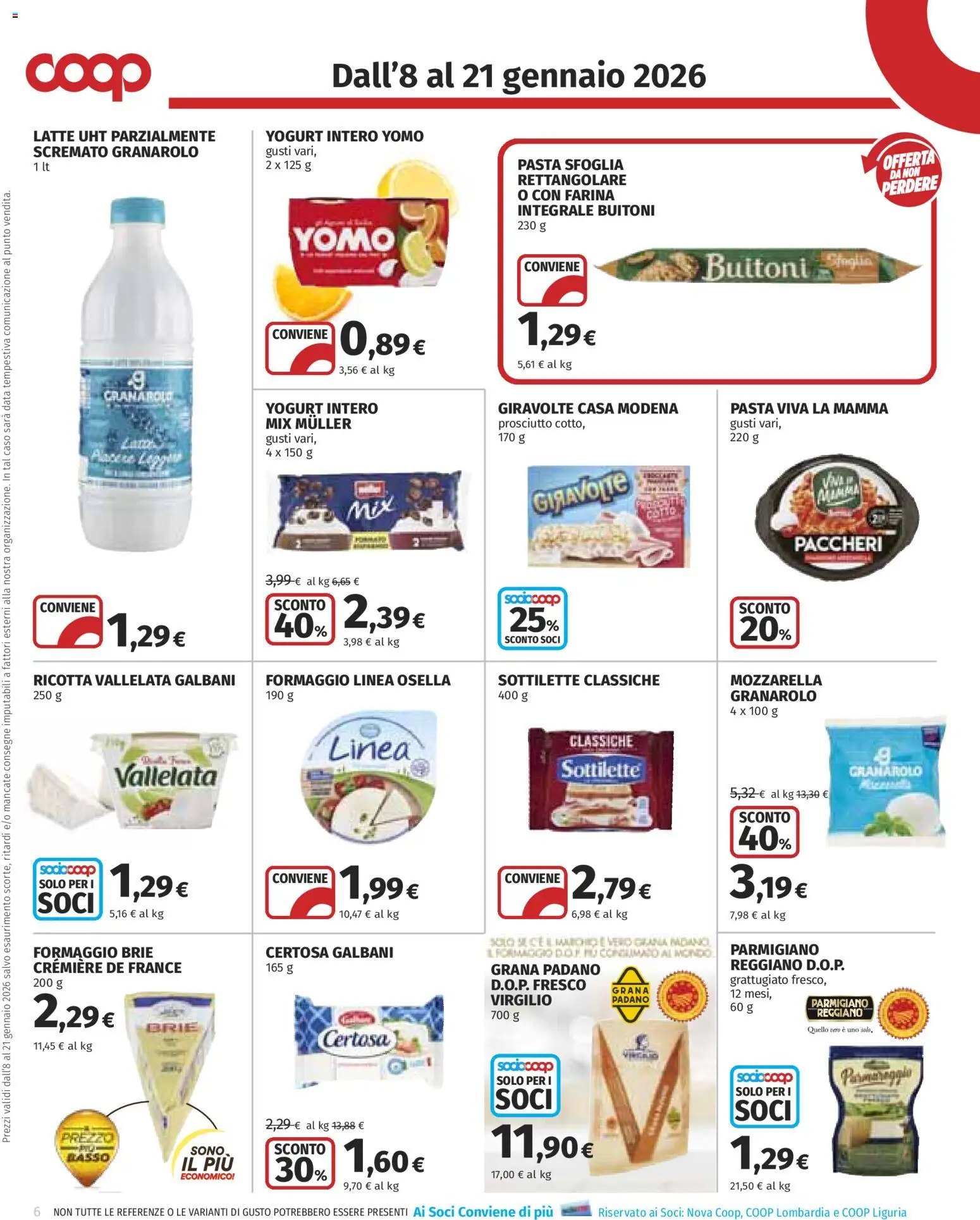 Volantino COOP del 08.01.2026 | Pagina: 6 | Prodotti: Grana Padano, Ricotta, Paccheri, Parmigiano