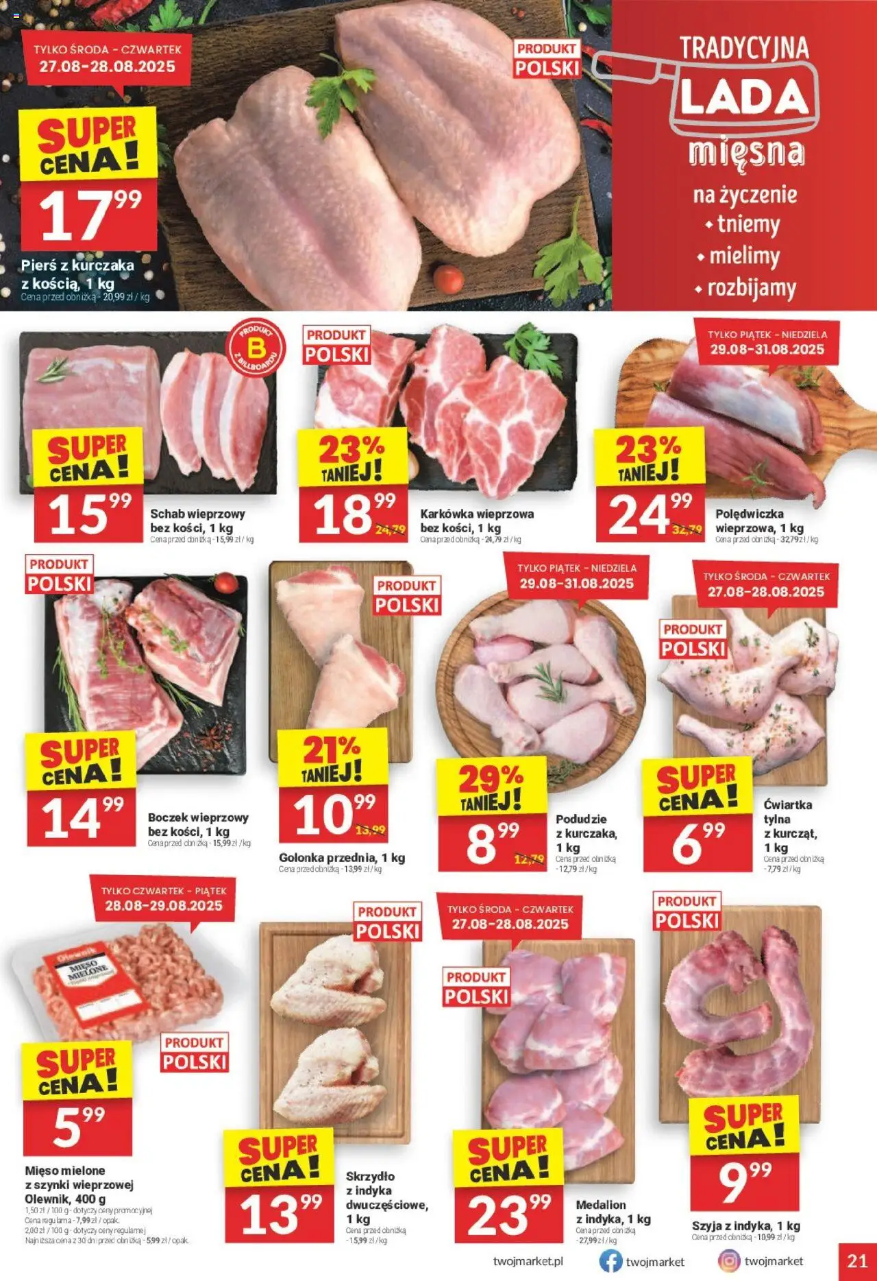 Twój Market Gazetka od 27.08.2025 | Strona: 21 | Produkty: Schab, Karkówka wieprzowa, Boczek wieprzowy, Boczek