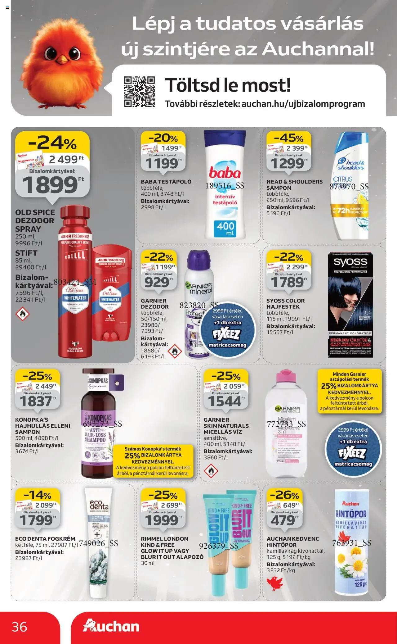 Auchan akciós ujság - amely érvényes a következő dátumtól: 28.08.2025 | Oldal: 36 | Termékek: Micellás víz, Hajfesték, Stift, Testápoló