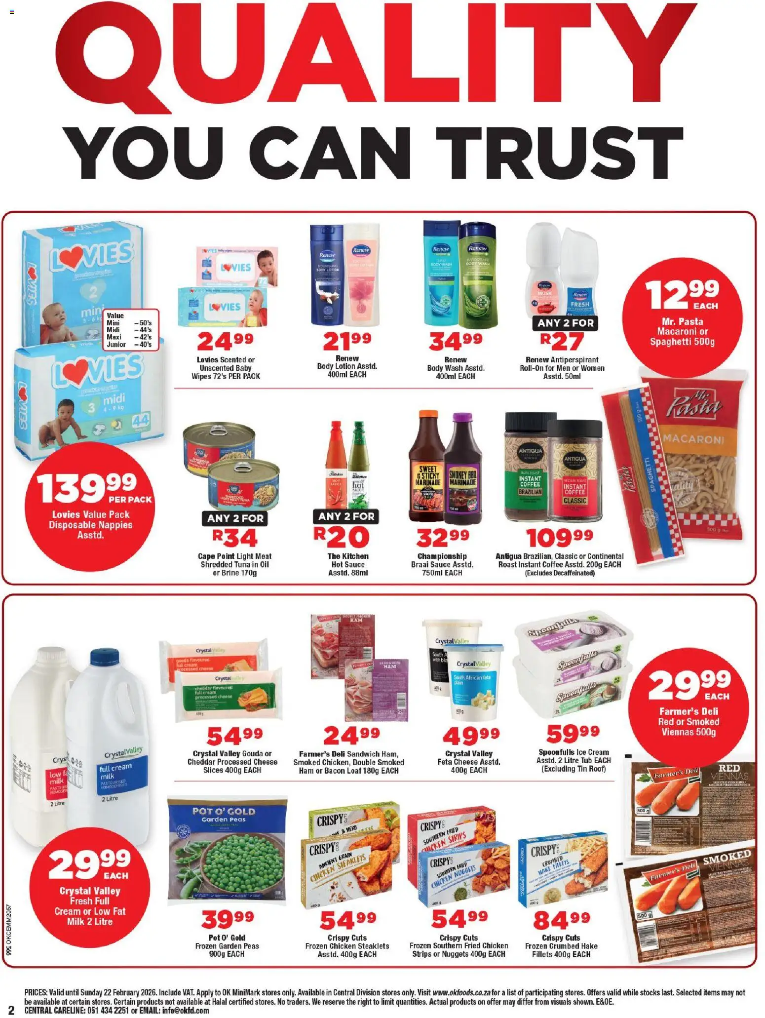 New OK Foods catalogue – valid from 11.02.2026 | Page: 2 | Products: Pasta, Cream, Body wash, Máscara de pestañas