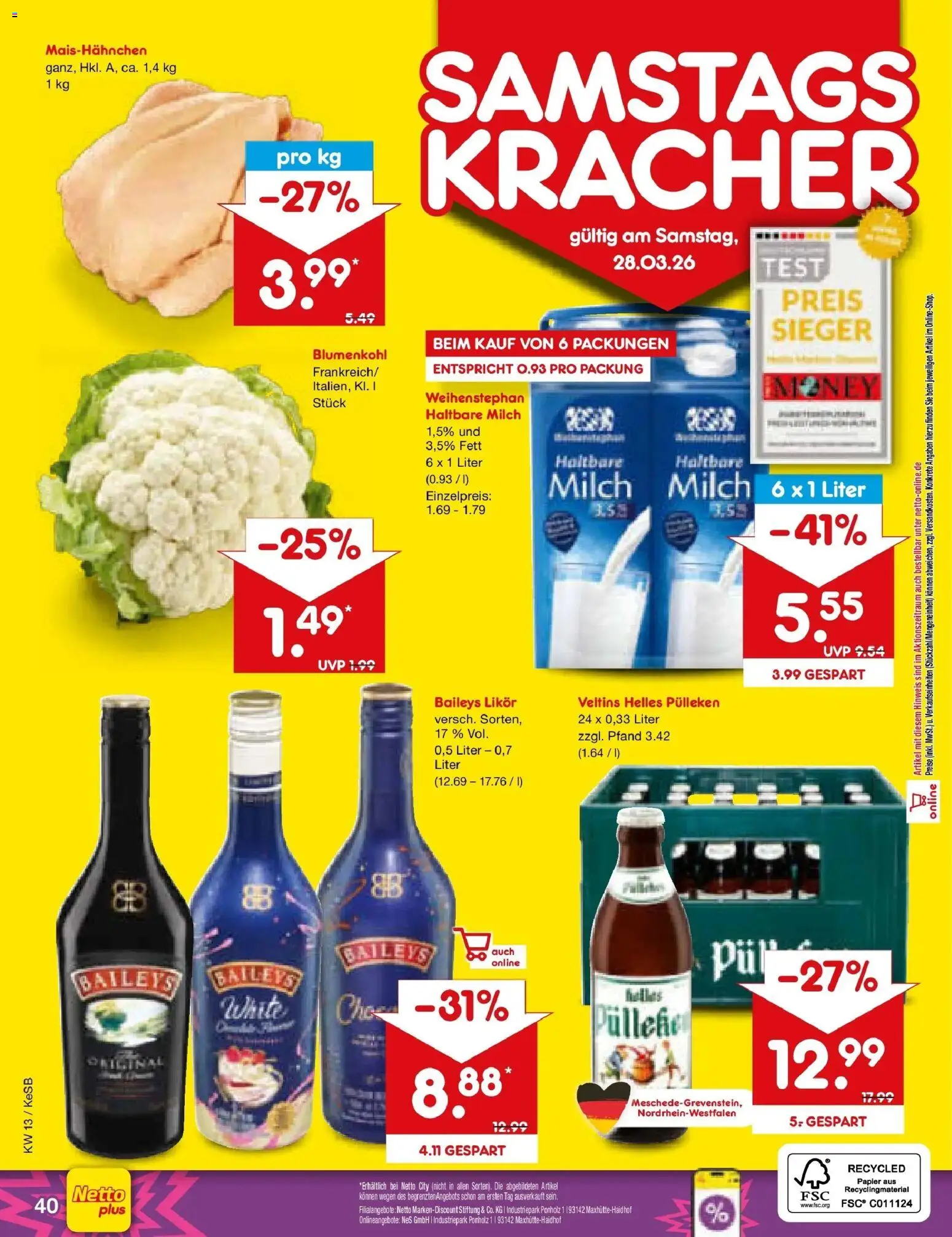 Netto Marken-Discount Prospekt Bonn	 – gültig ab 23.03.2026 | Seite: 56 | Produkte: Milch, Haltbare milch, Blumenkohl, Veltins