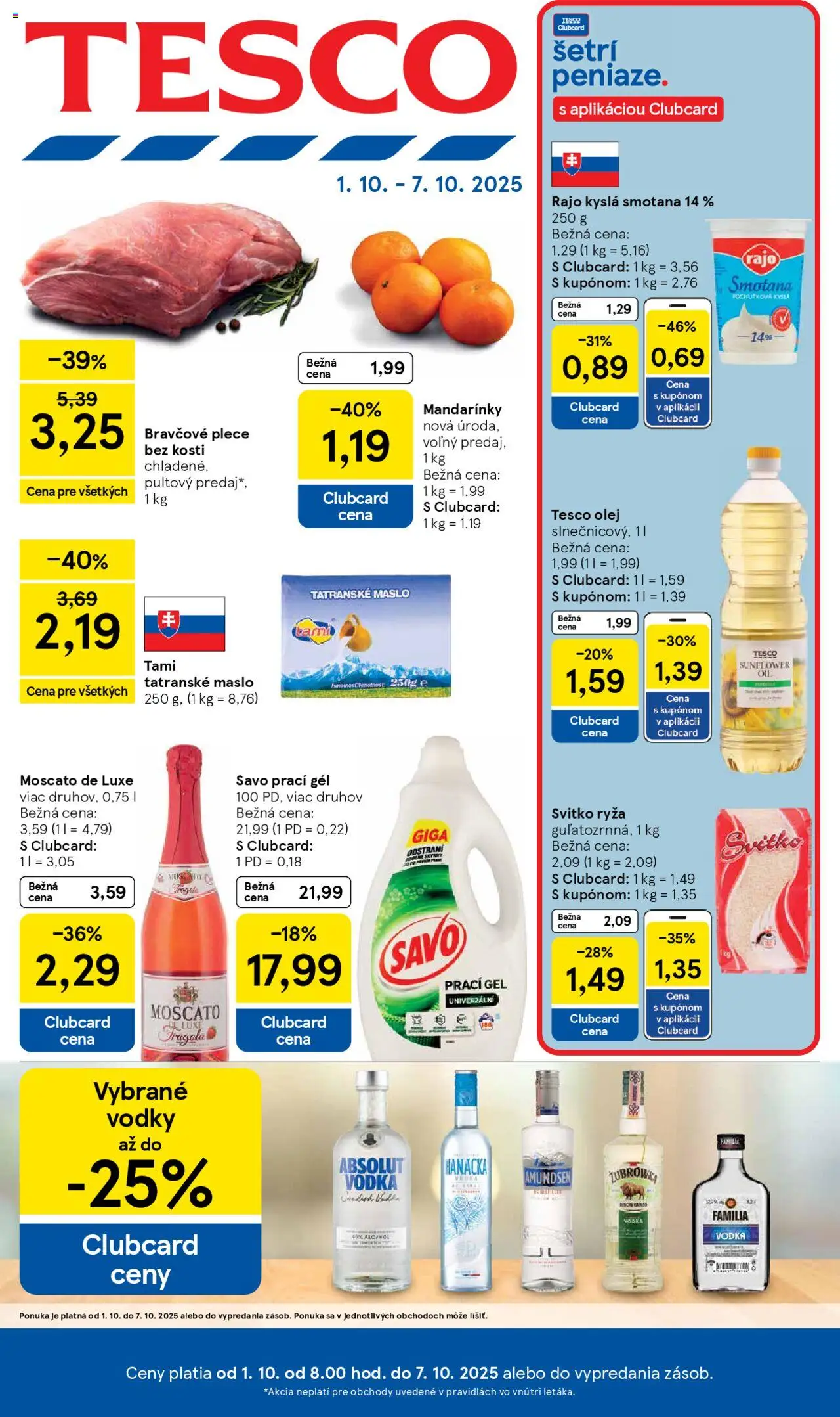 Nové Tesco akcie – leták je platný od 01.10.2025 | Strana: 1 | Produkty: Ryža, Savo, Vodka, Absolut vodka