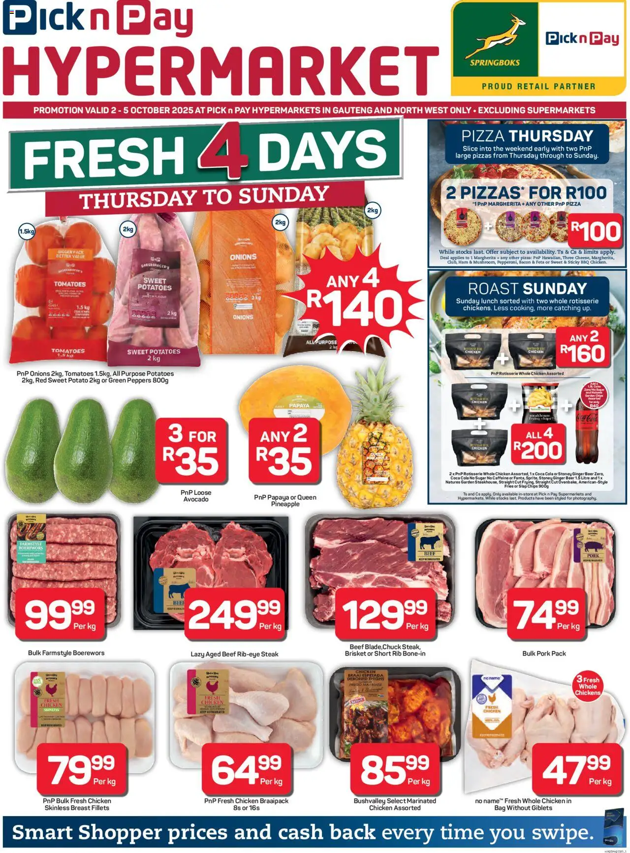 New Pick n Pay catalogue – valid from 02.10.2025 | Page: 1 | Products: Boerewors, Pizza, Chicken, Potatoes