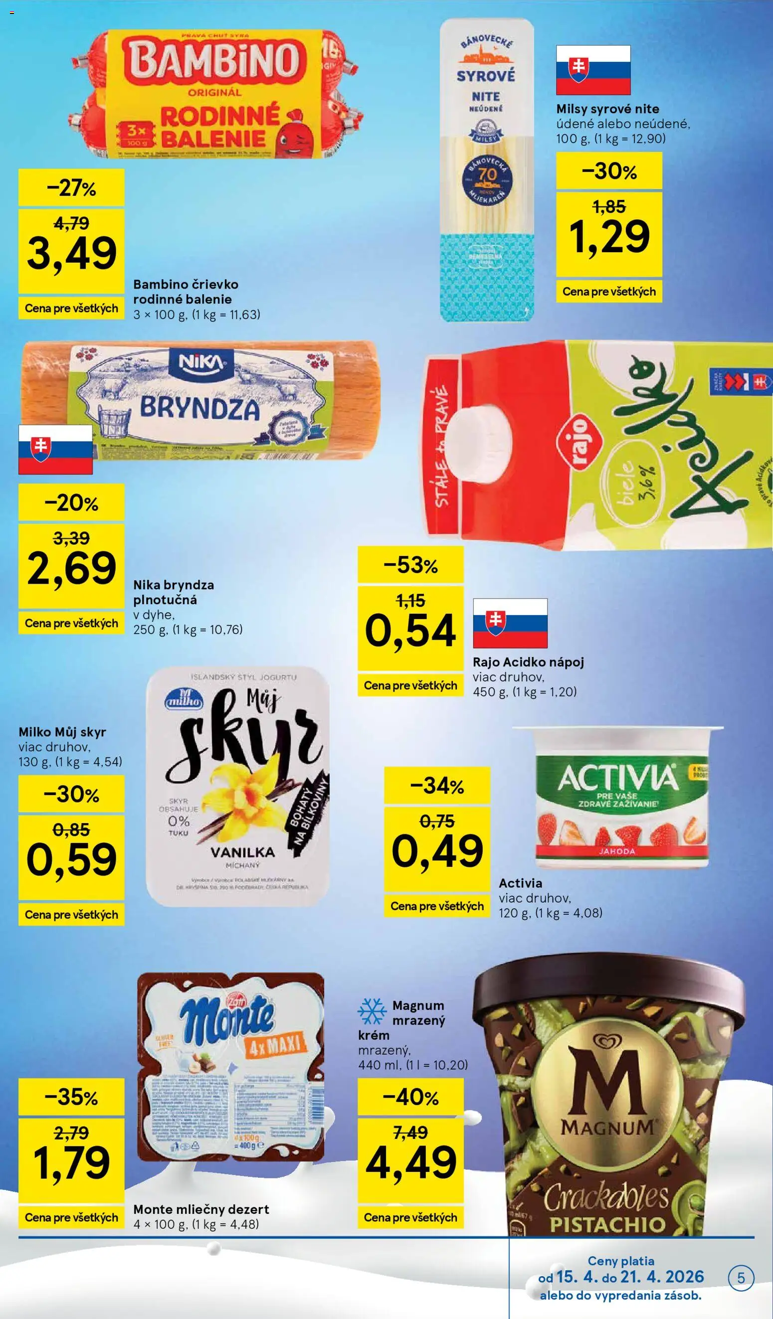 Nové Tesco akcie – leták je platný od 15.04.2026 | Strana: 5 | Produkty: Republica, Bryndza, Magnum, Acidko