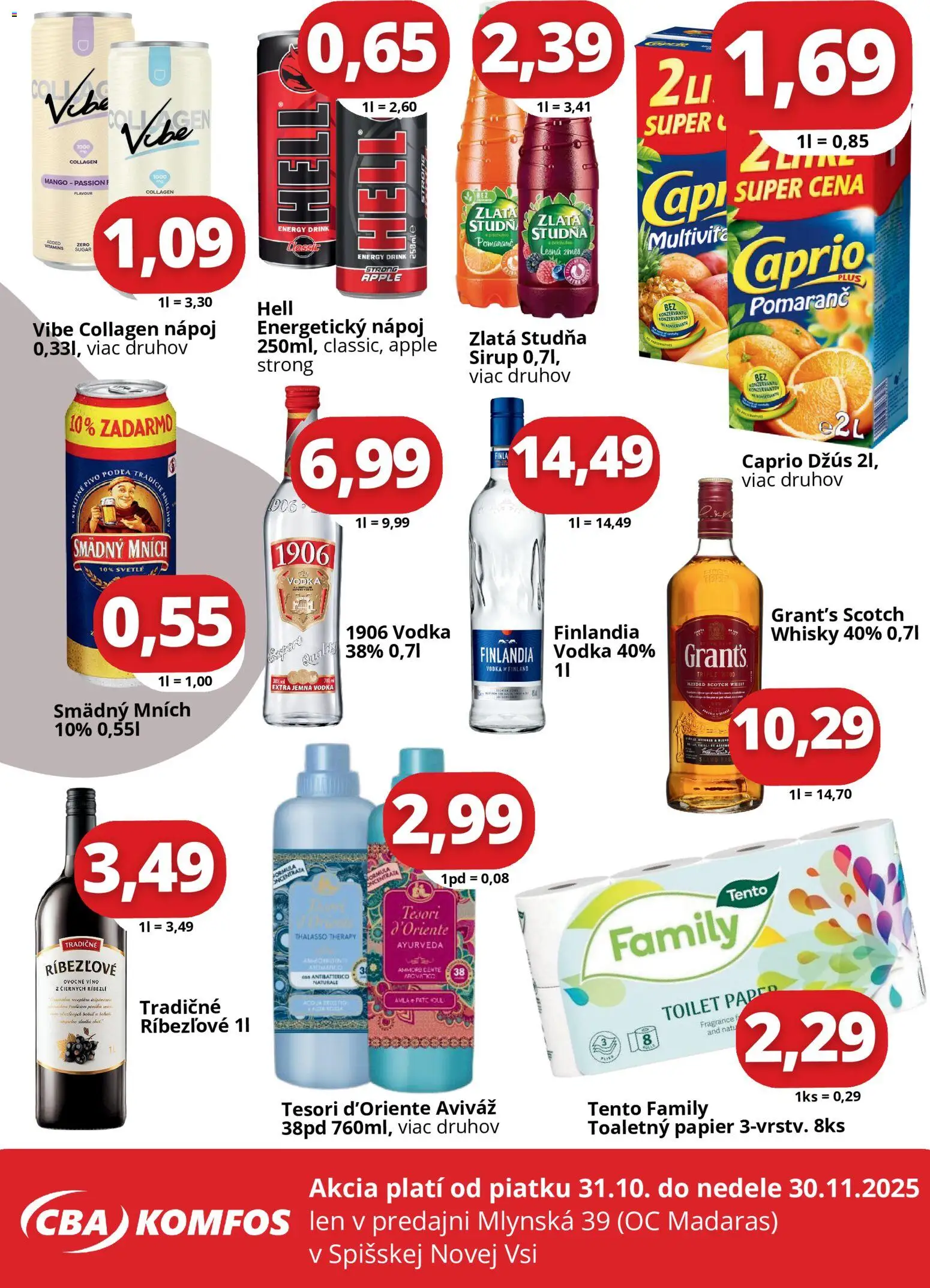Nové CBA Komfos akcie – leták je platný od 31.10.2025 | Strana: 4 | Produkty: Apple, Aviváž, Whisky, Mango