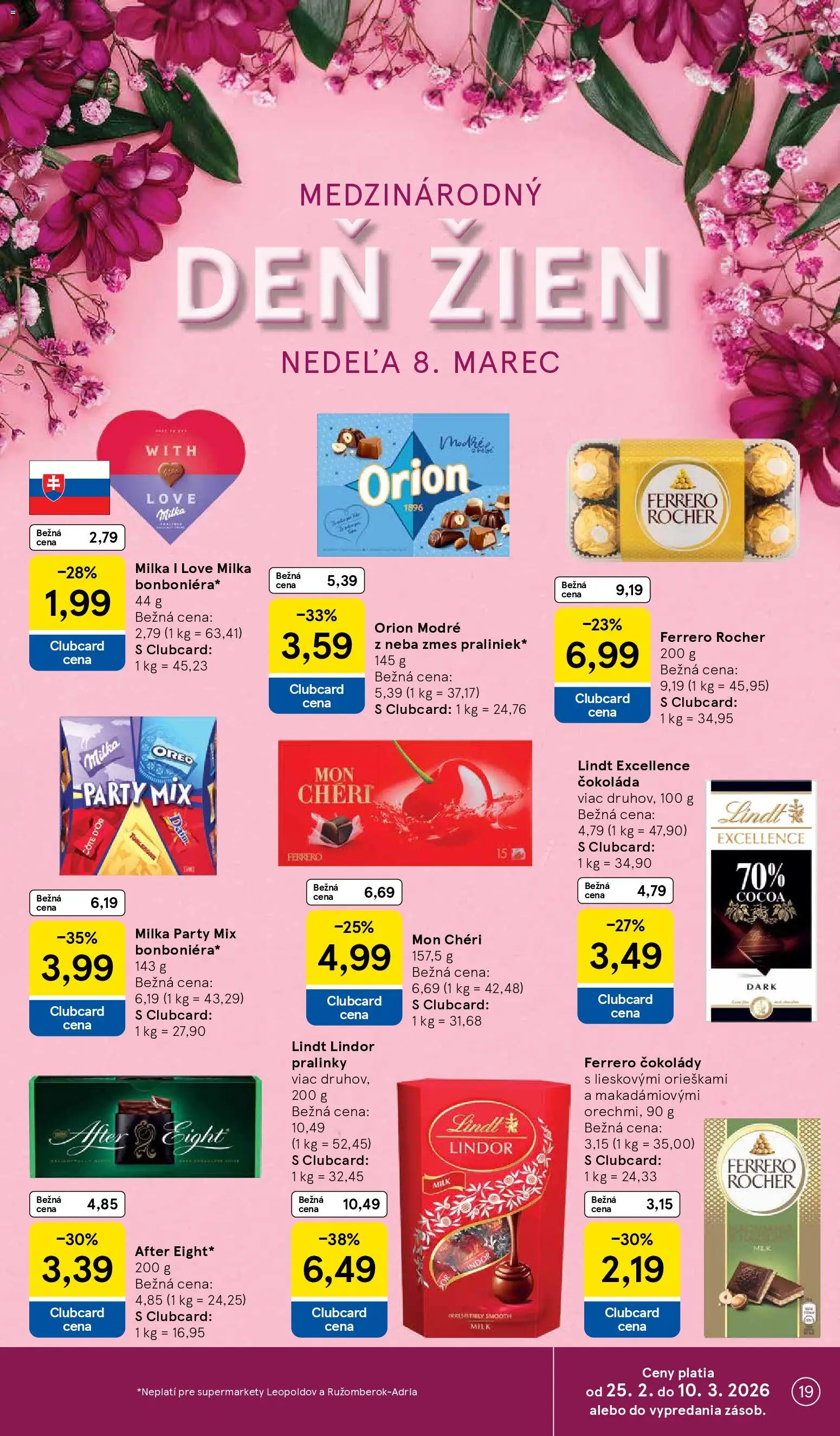 Nové Tesco akcie – leták je platný od 25.02.2026 | Strana: 19 | Produkty: Lindor, Lindt, Milka, Ferrero Rocher